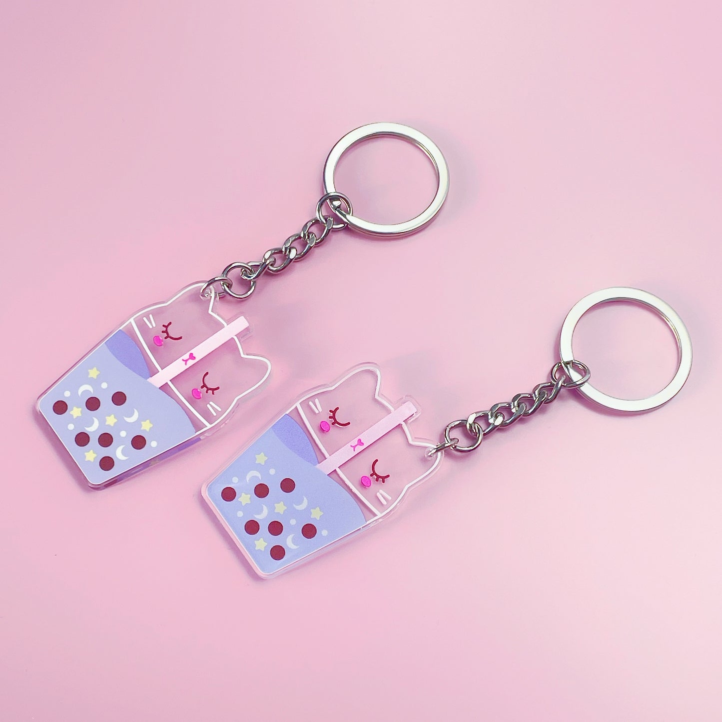 Kawaii Lilac Cat Boba Tea Keyring | Double-Sided Acrylic Charm | Cute Cat-Themed Gift
