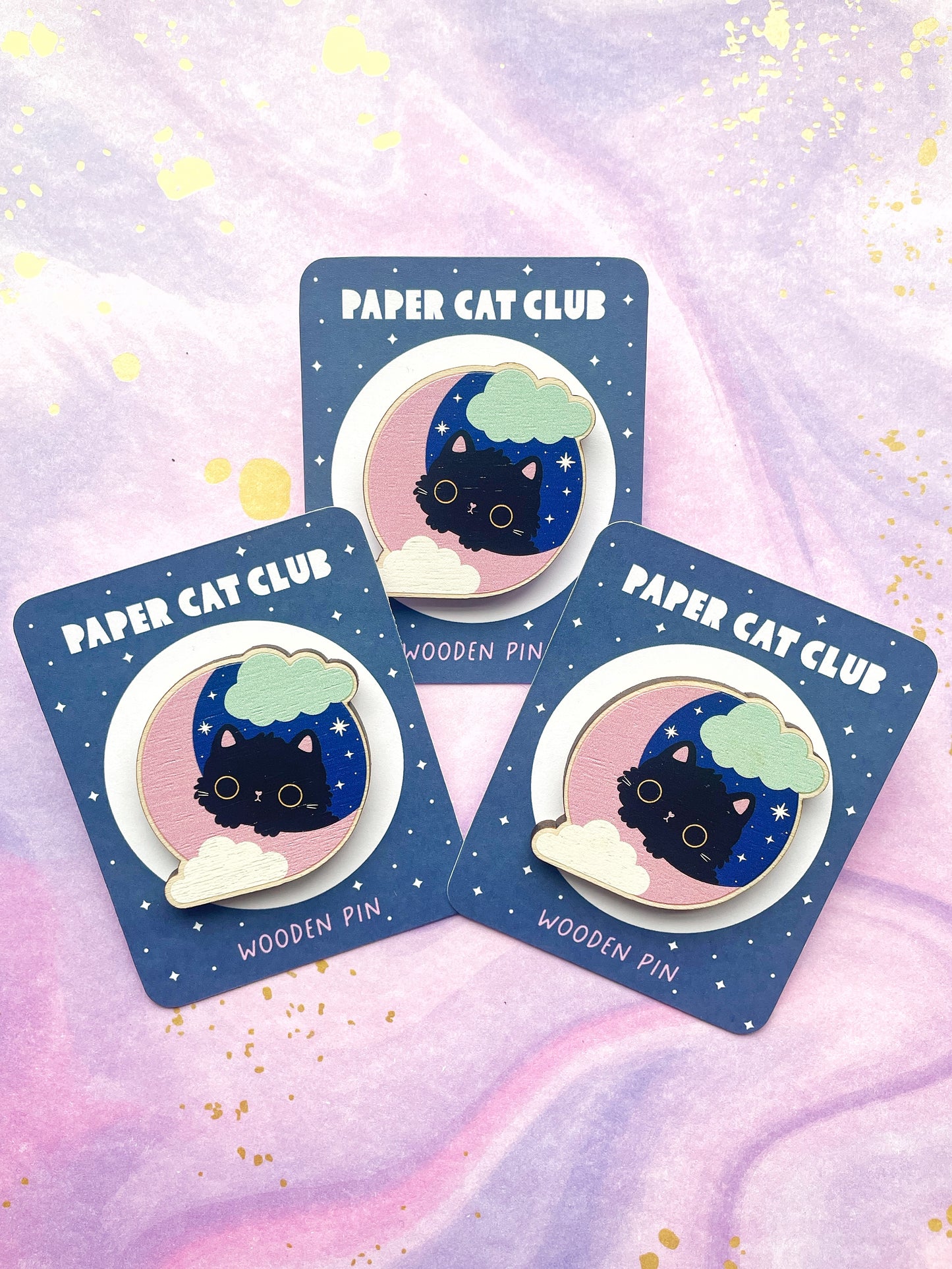 Celestial Cat wood pin badge