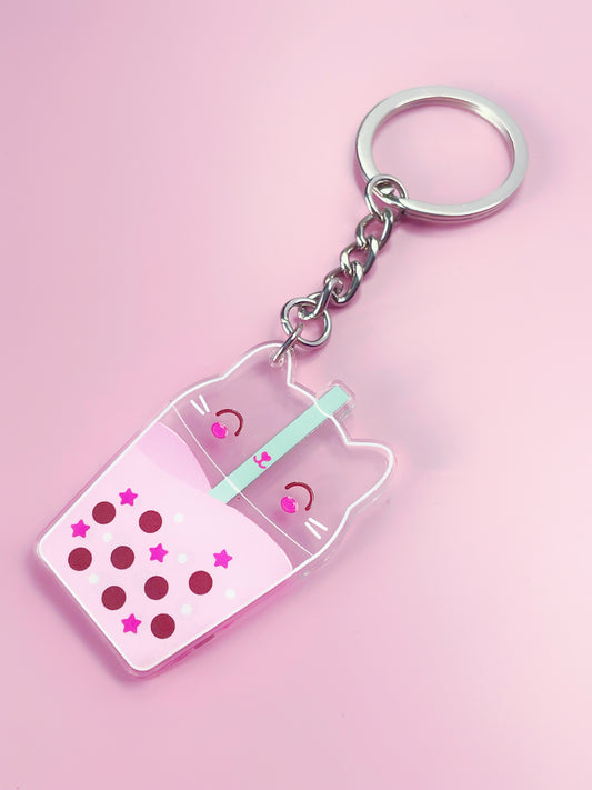 Kawaii pink acrylic keyring featuring a double-sided design of a cute cat bubble tea, perfect for cat lovers and kawaii enthusiasts.