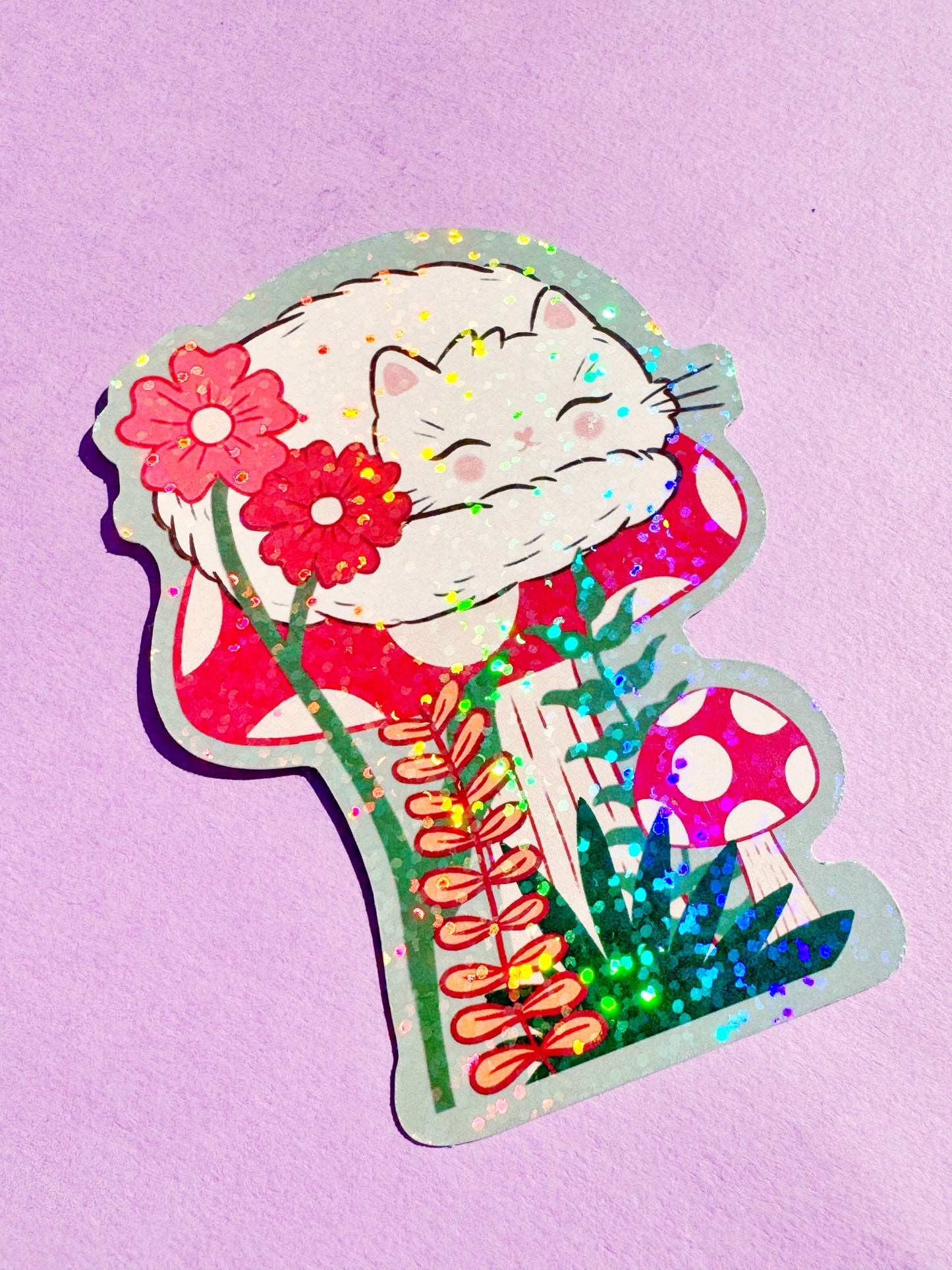 Autumn wonderland cat toadstool sticker Kawaii Sleeping Cat Sticker - Sparkly Holographic Kitty, Cute decal for Laptops, Water Bottles