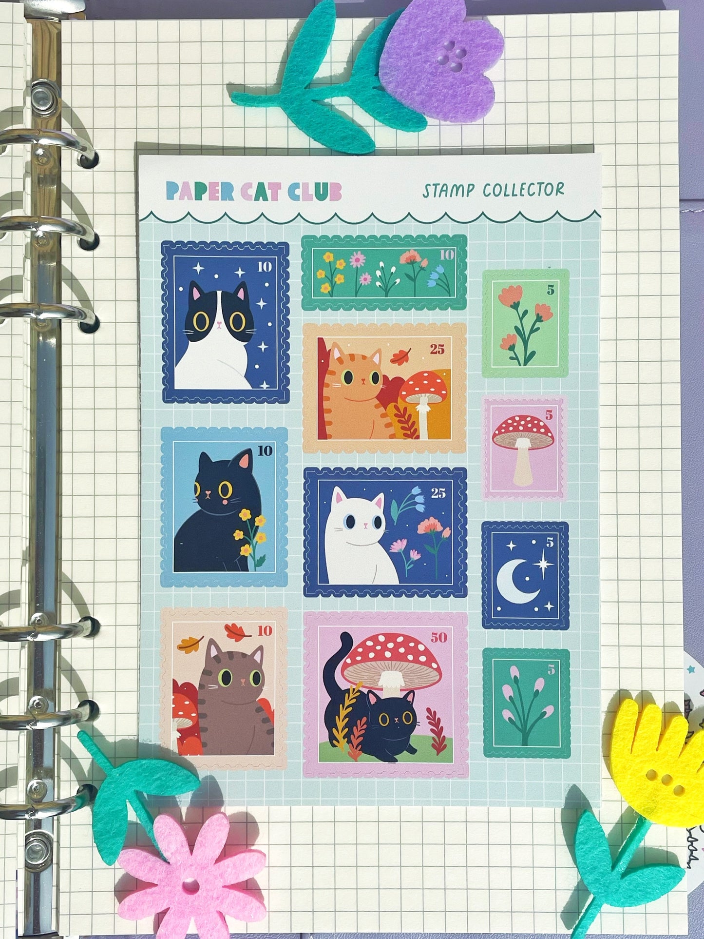 Cute Cat Stamp Stickers - A6 Size Sticker Sheet for Journaling & Scrapbooking | Kawaii, Animal Stickers for Bullet Journals & Planners