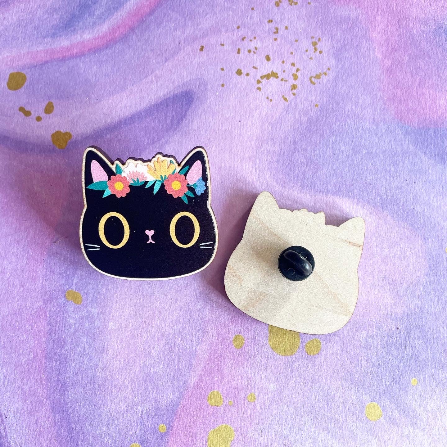 Black Cat Pin Badge – Floral Crown, Sustainable Wood, Cute Cat Lover Gift