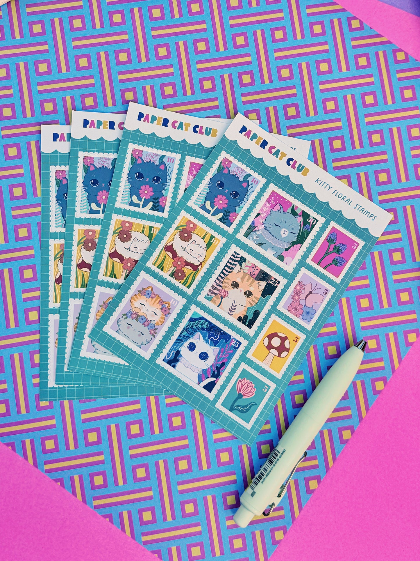 Floral Cat Stamp Stickers - A6 Size Sticker Sheet for Journaling & Scrapbooking | Kawaii, Animal Stickers for Bullet Journals & Planners