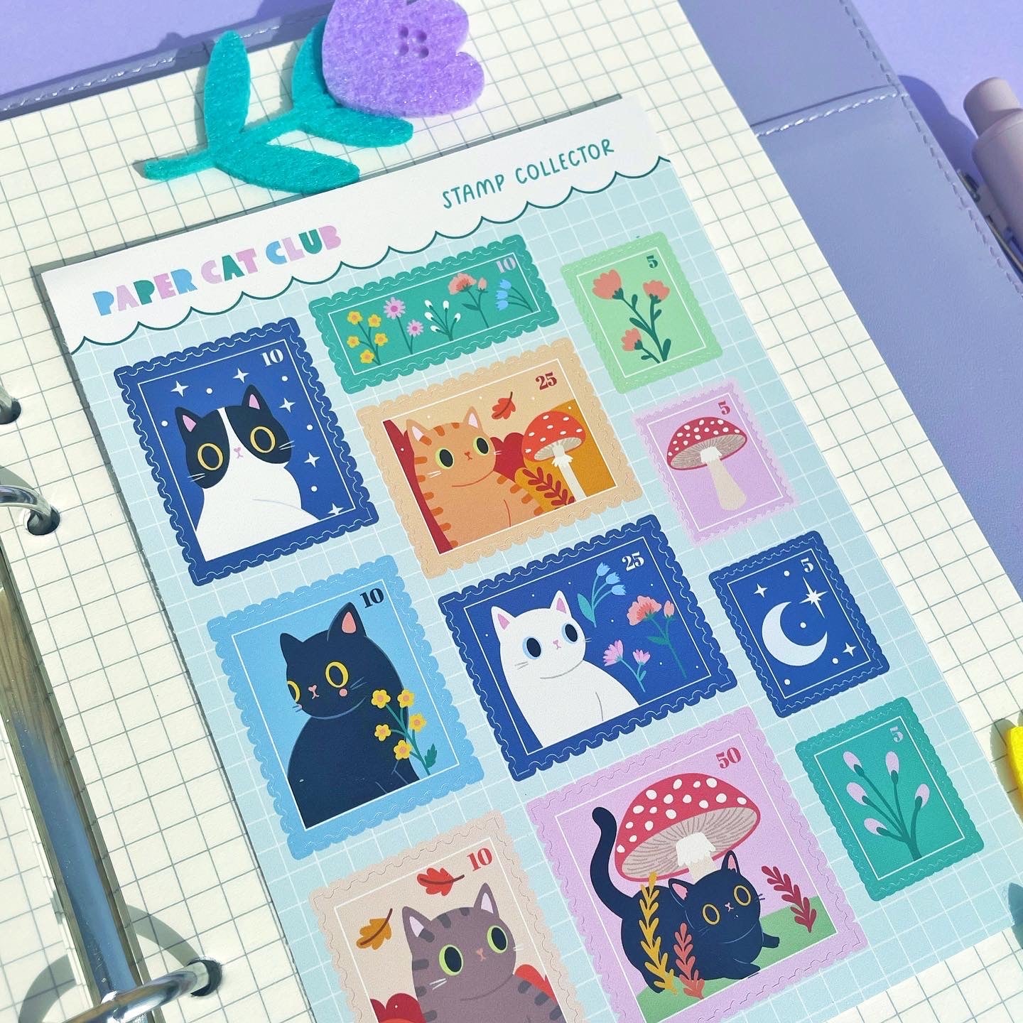 Cute Cat Stamp Stickers - A6 Size Sticker Sheet for Journaling & Scrapbooking | Kawaii, Animal Stickers for Bullet Journals & Planners