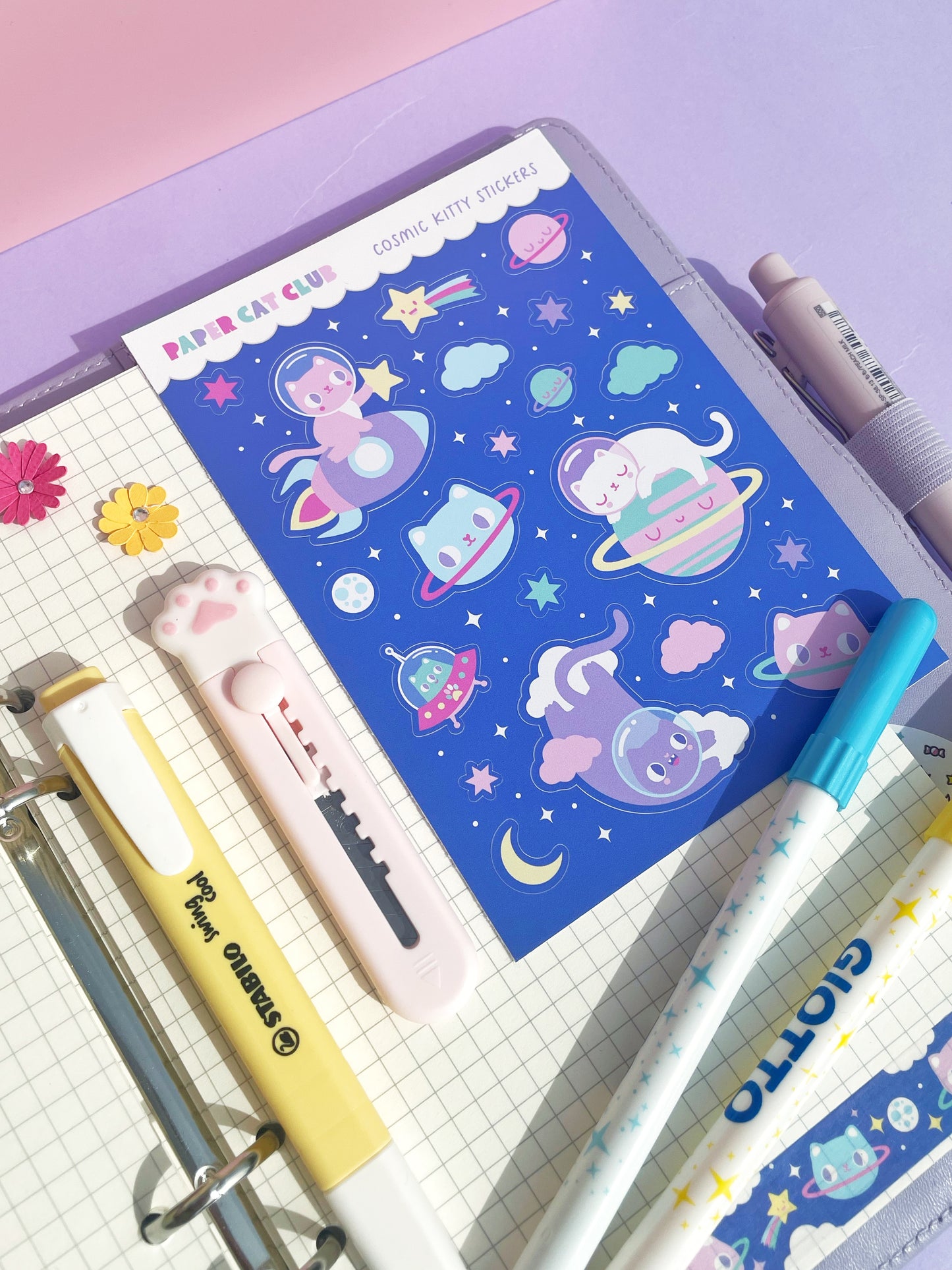 Space Kitty Planner Sticker Sheet – Kawaii Cat & Star Stickers for Dream Journals & Planners
