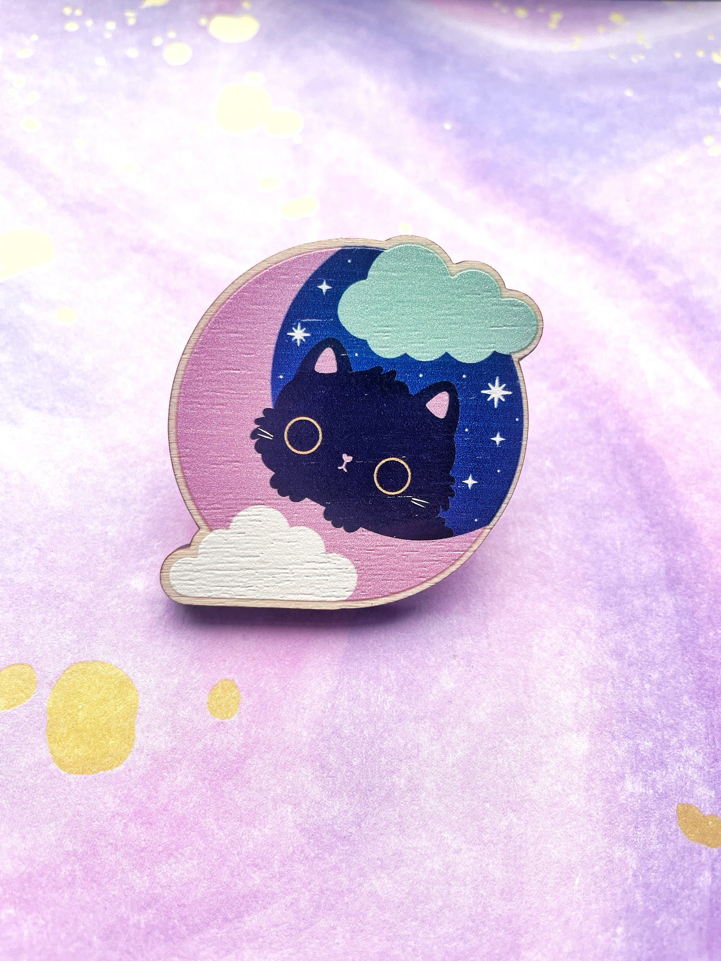 Celestial Cat wood pin badge