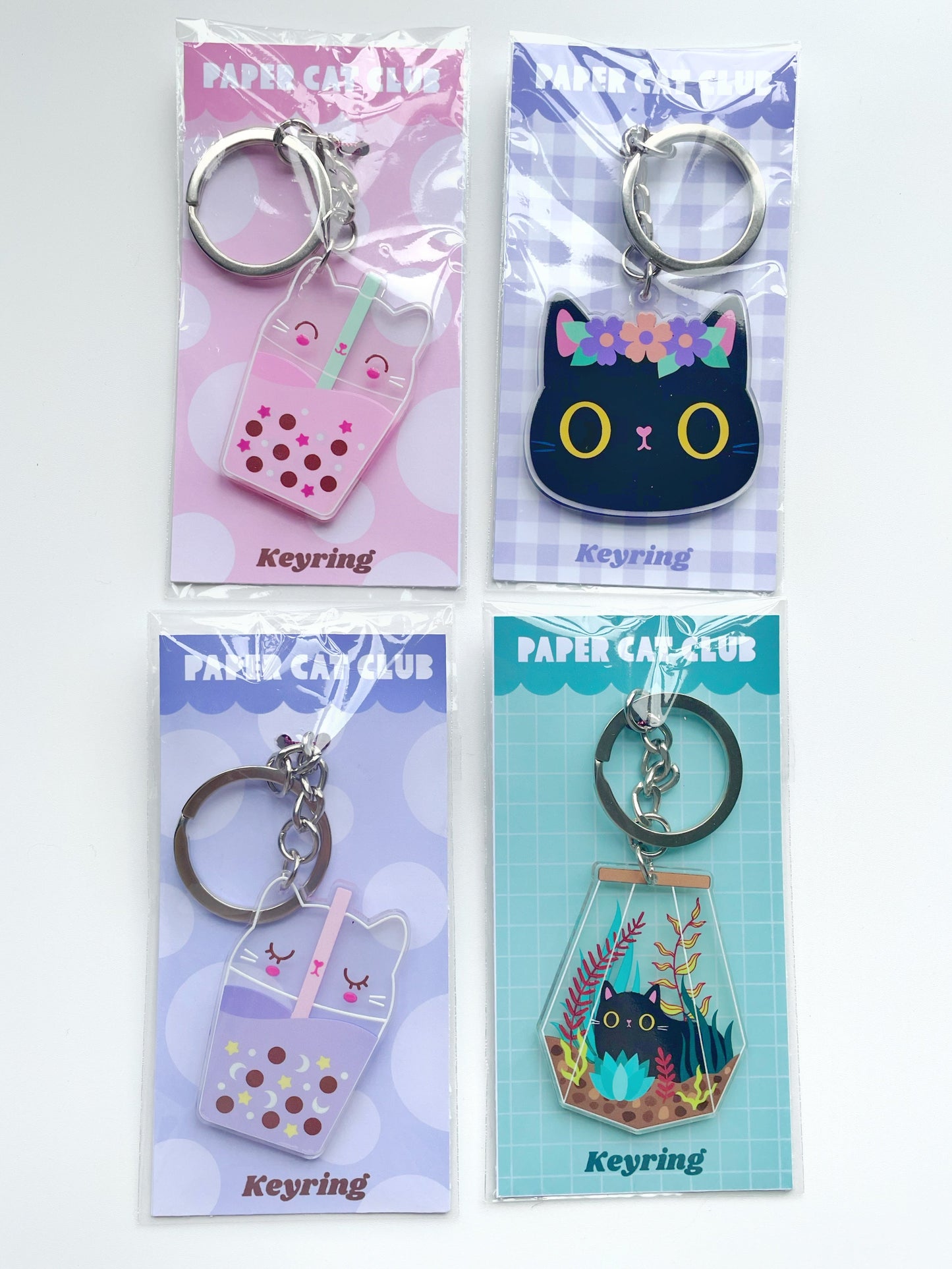 Super Kawaii Acrylic Pink Cat Boba Tea Keyring | Double-Sided Charm | Cute Gift for Boba Tea & Cat Fans