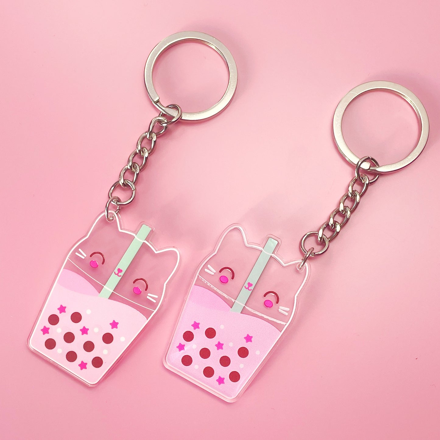 Super Kawaii Acrylic Pink Cat Boba Tea Keyring | Double-Sided Charm | Cute Gift for Boba Tea & Cat Fans