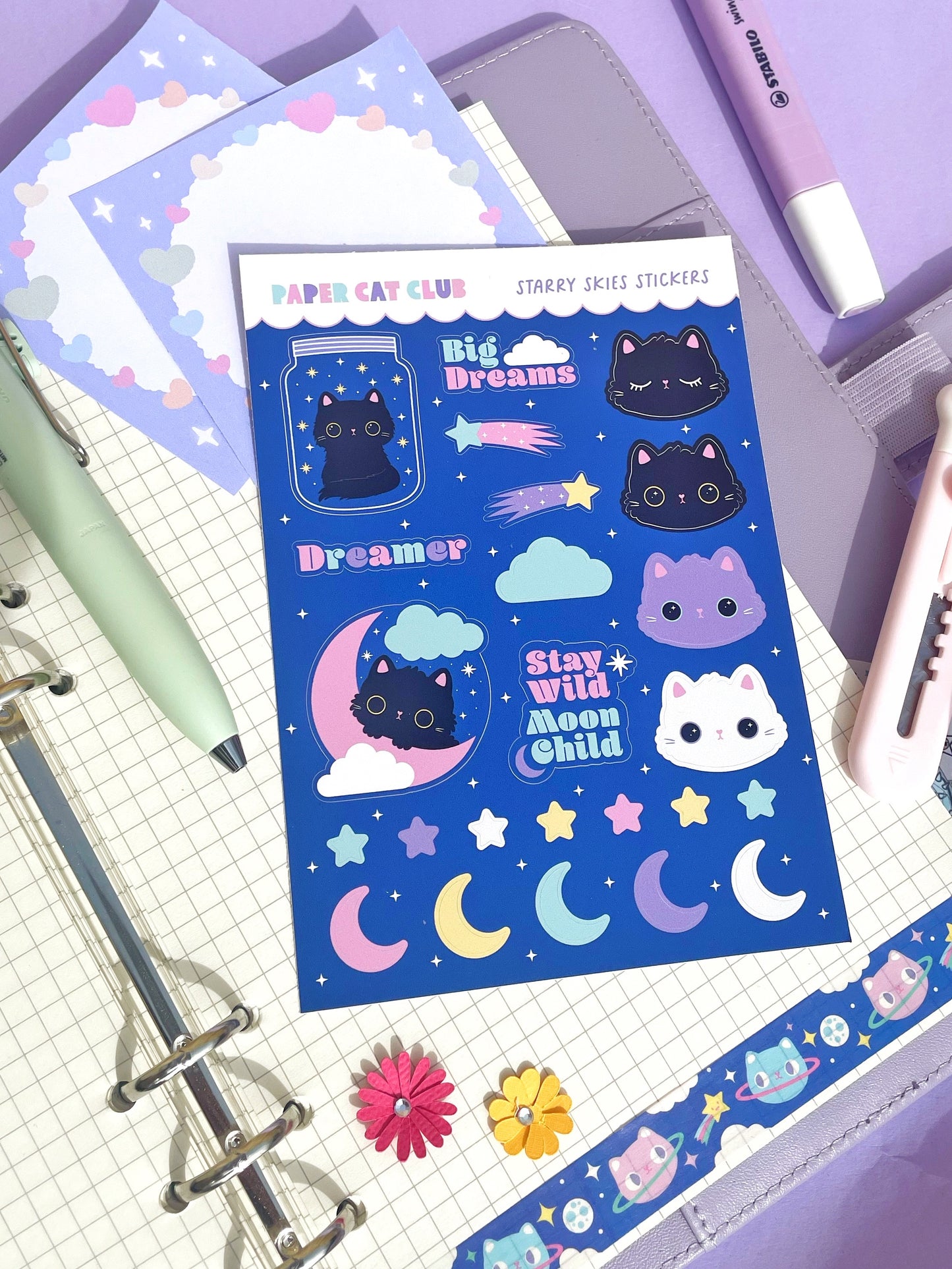 Cute Cat & Starry Night Stickers for Journals and Planners