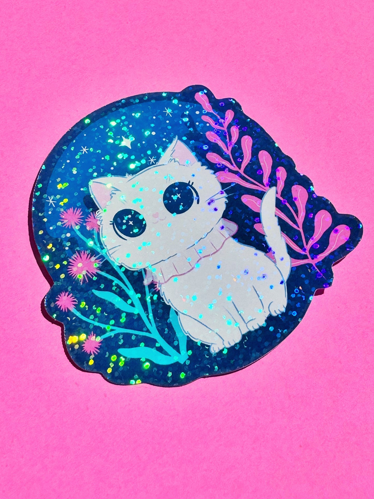 Stargazing sparkly cat vinyl sticker