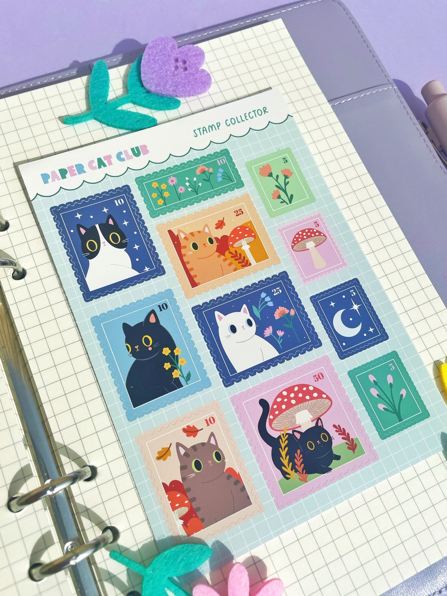 Cute Cat Stamp Stickers - A6 Size Sticker Sheet for Journaling & Scrapbooking | Kawaii, Animal Stickers for Bullet Journals & Planners