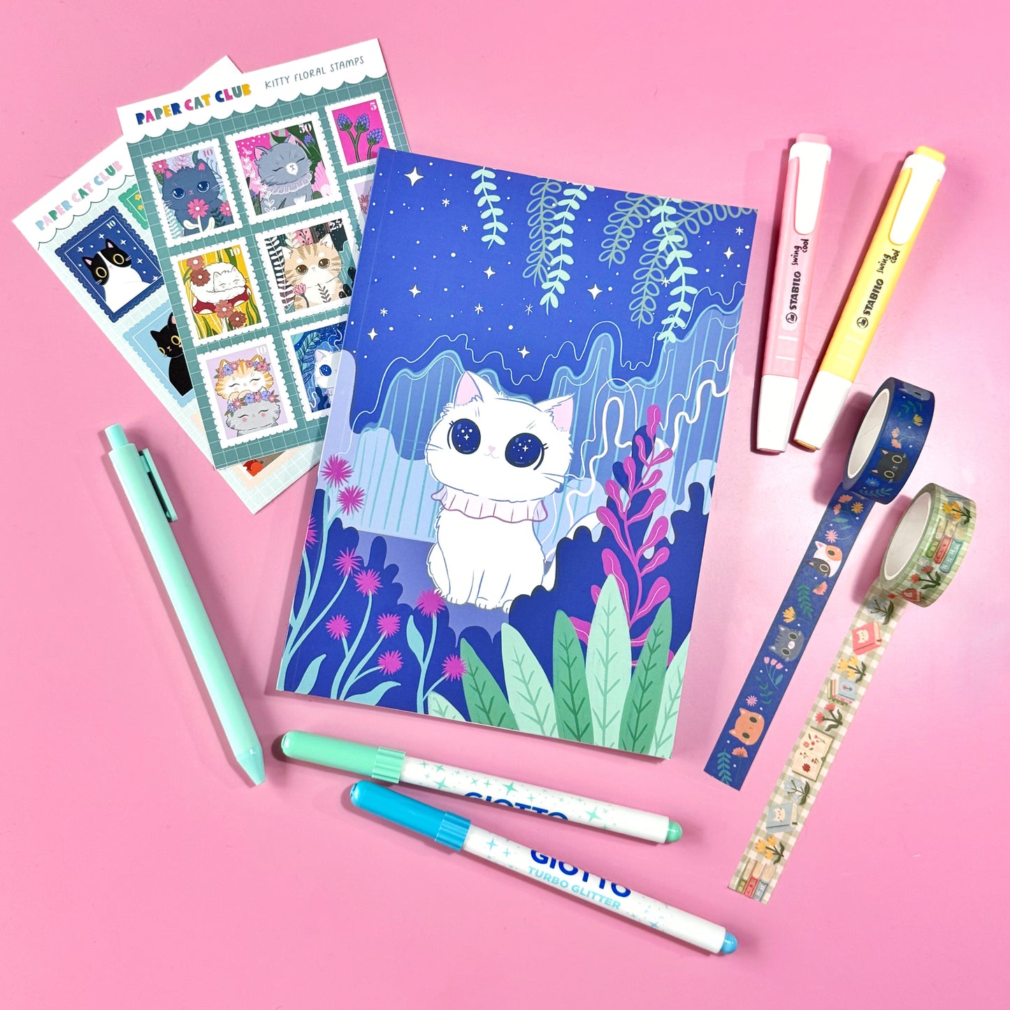 Stargazing Kitty A5 Dotted Notebook - Whimsical Celestial Journal
