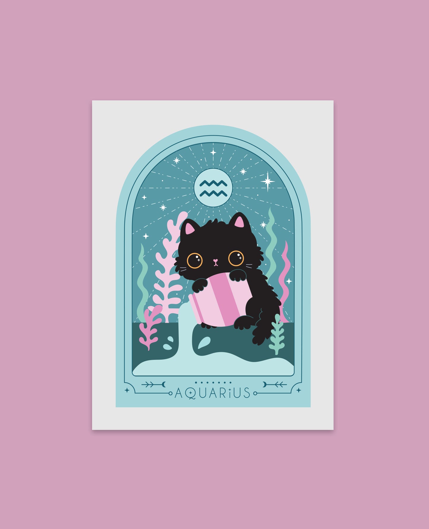 Astrological Aquarius Cat Art Print – Zodiac-inspired Cat Illustration for Astrology Lovers, Unique Aquarius Symbol Artwork, Cosmic Feline Design