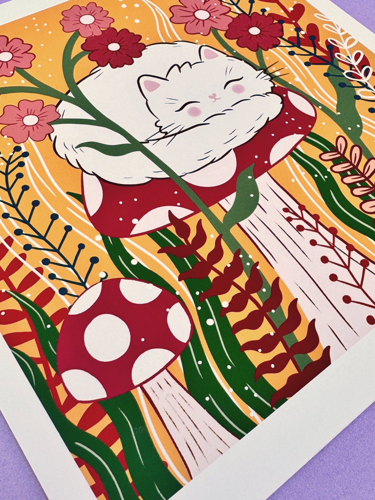 Close-up of a cute cream cat on a toadstool, highlighting the fluffy details and whimsical charm of the art print.