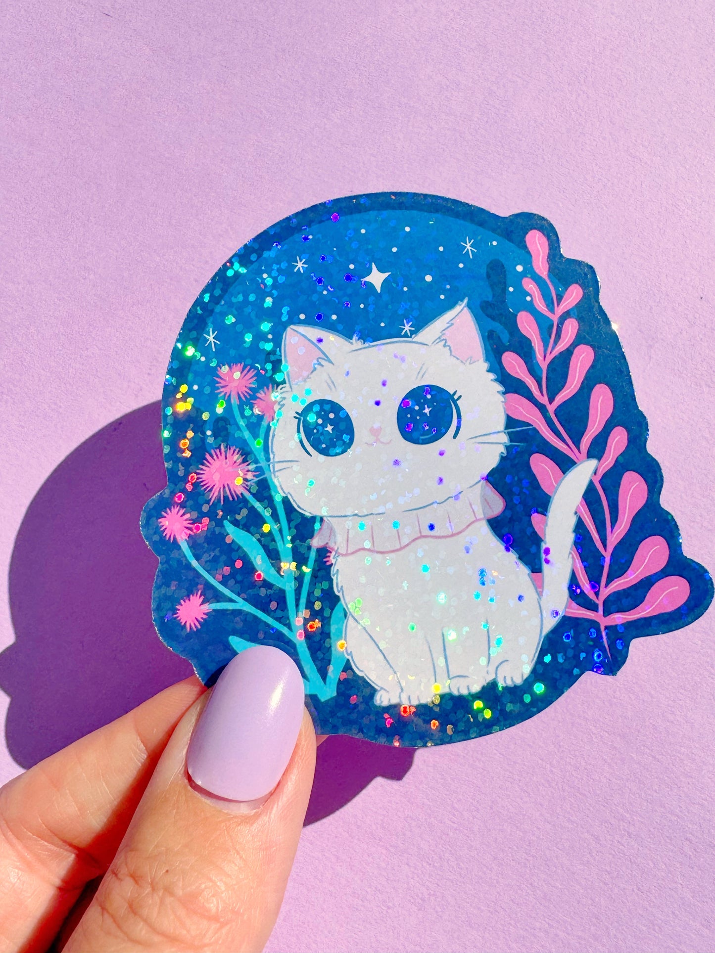 Stargazing sparkly cat vinyl sticker