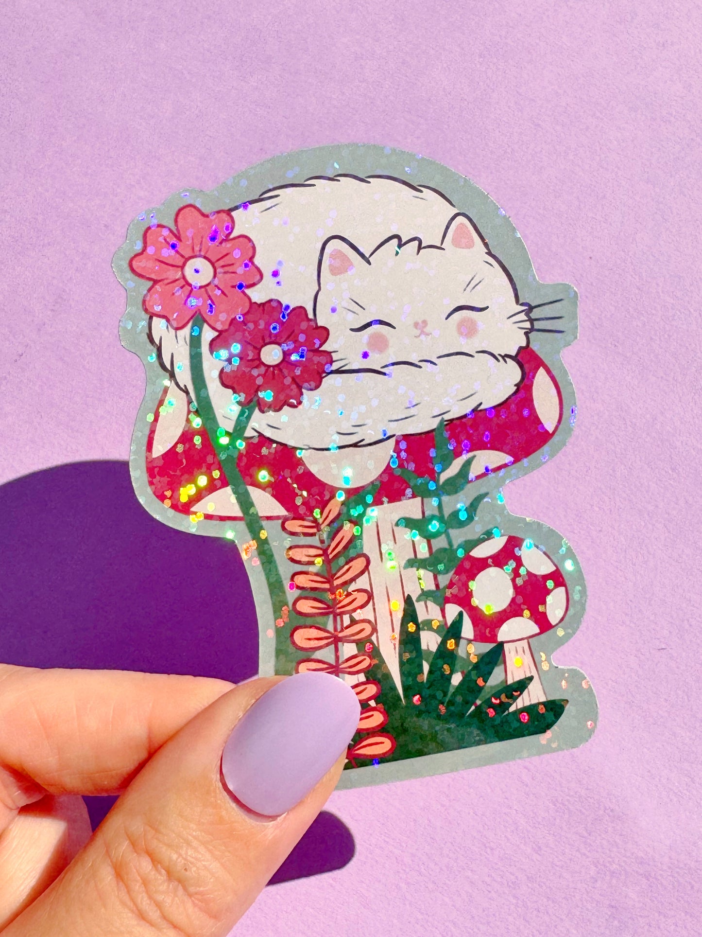 Autumn wonderland cat toadstool sticker Kawaii Sleeping Cat Sticker - Sparkly Holographic Kitty, Cute decal for Laptops, Water Bottles