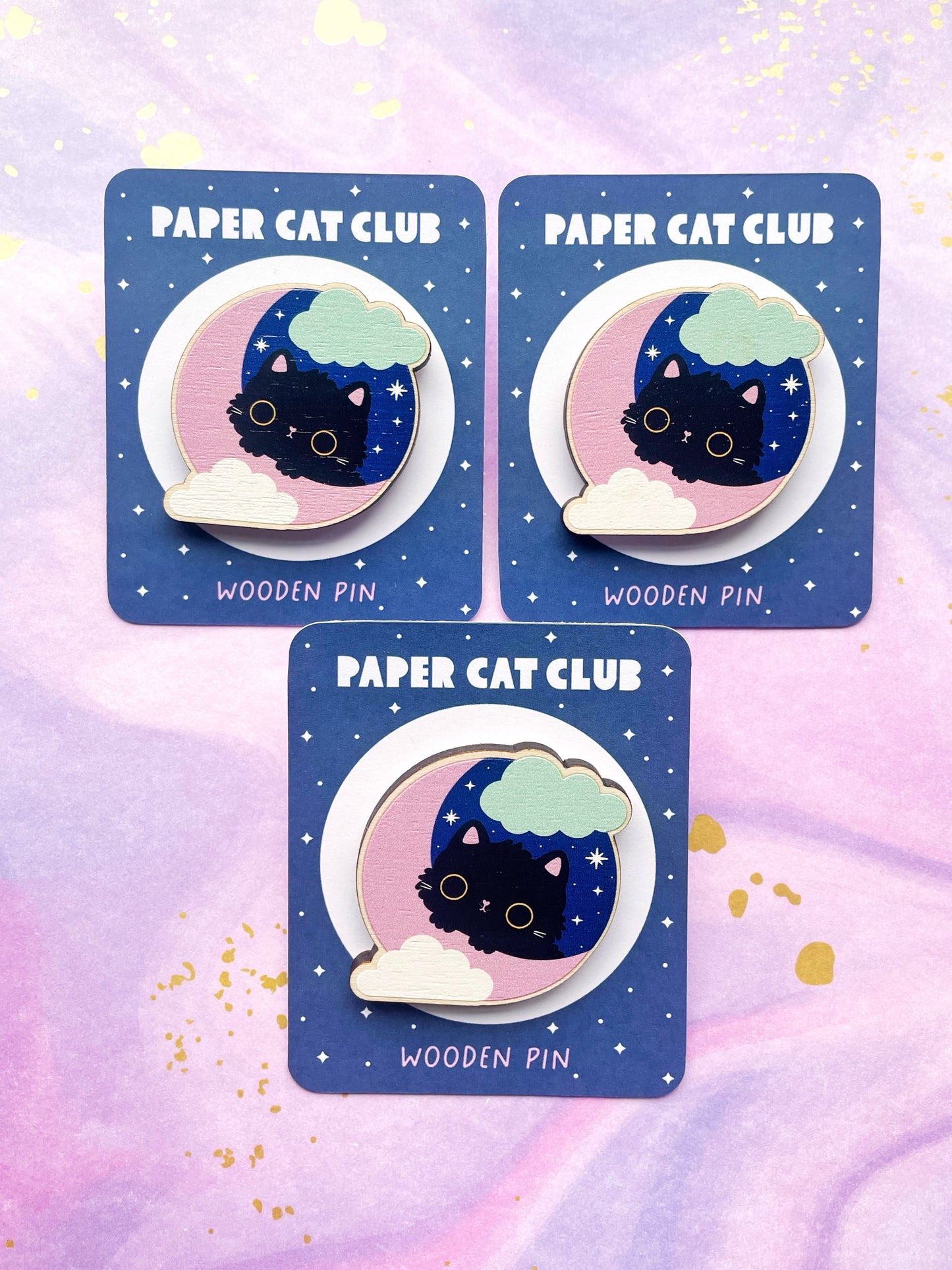Celestial Cat wood pin badge