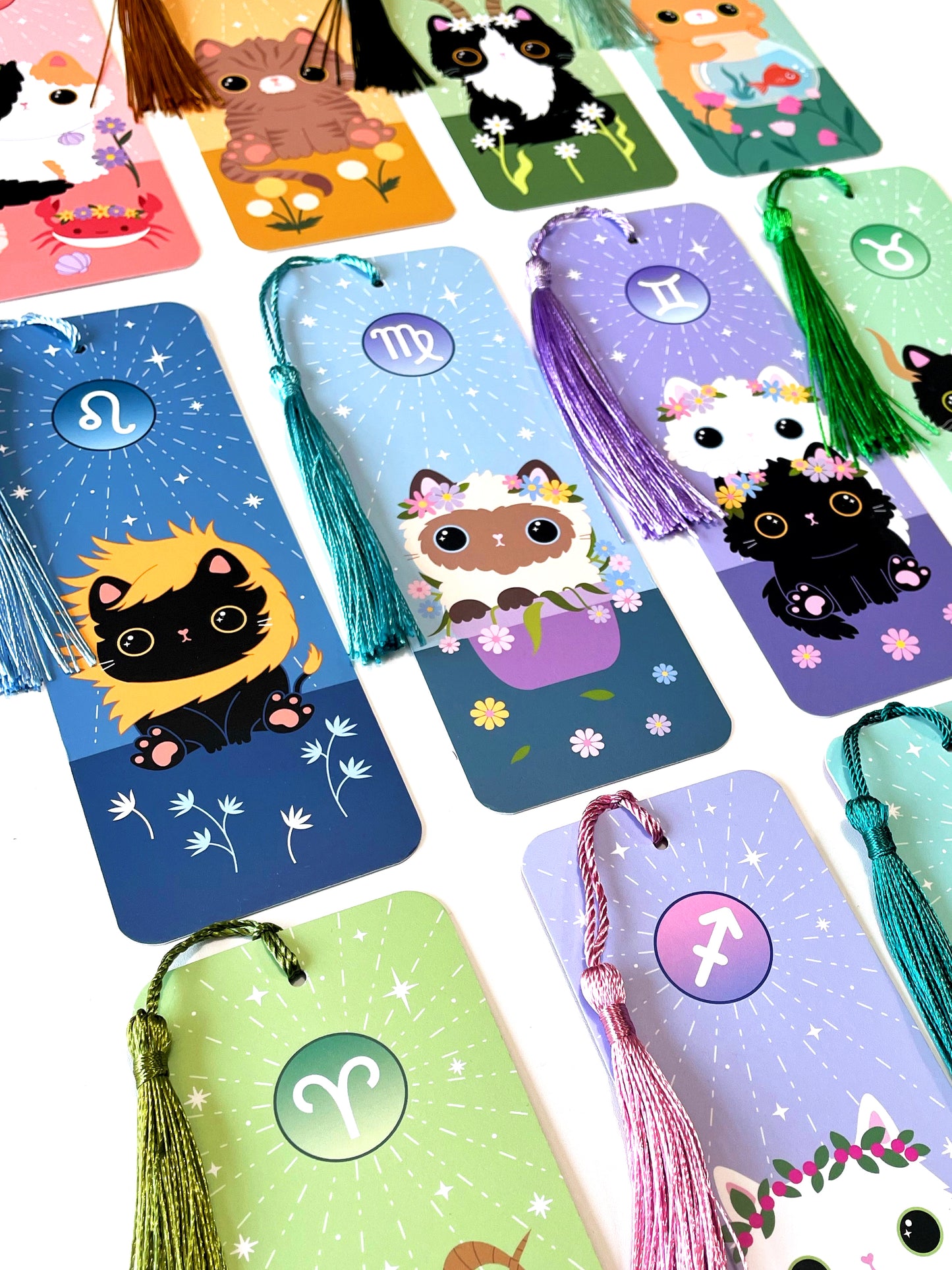 Leo, Virgo, Gemini and other zodiac bookmarks close up shot