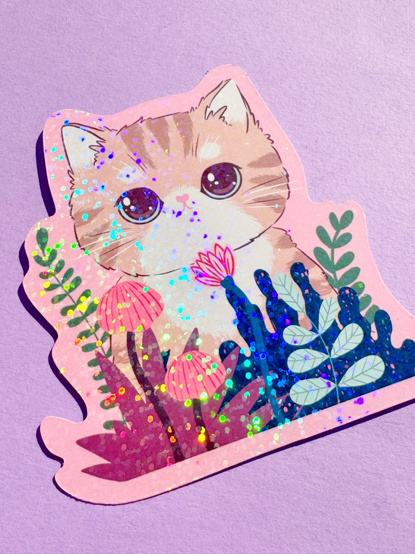 Forest Bloom -Kawaii Striped Cat Sticker - Pink Floral Kitty, Cute Flower Decal for Laptops, Water Bottles