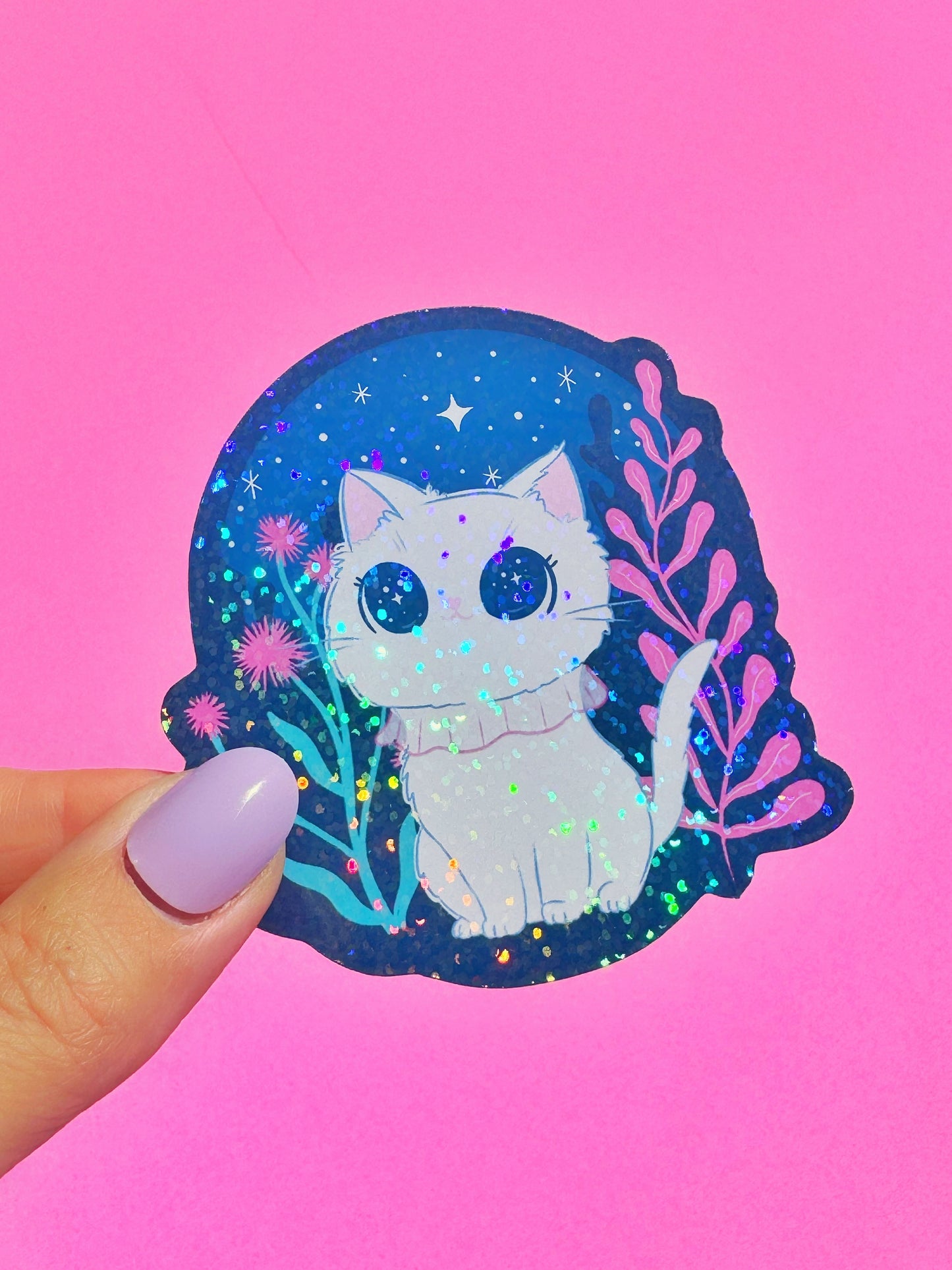 Stargazing sparkly cat vinyl sticker