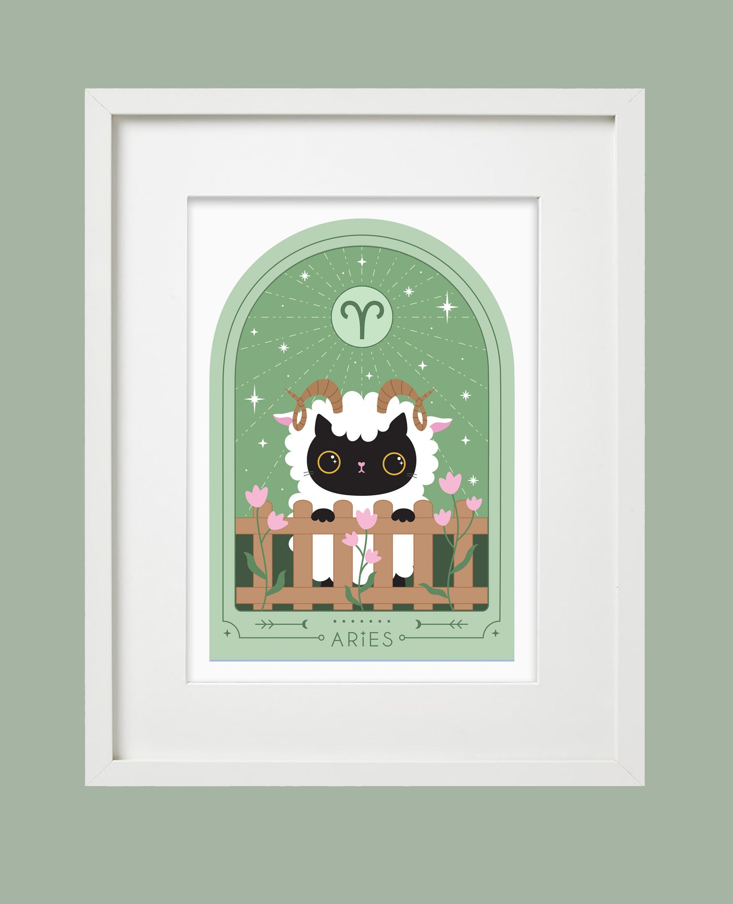 Framed Aries Cat Star Sign Art Print featuring a cute black cat dressed as a ram, peeking over a fence. Perfect framed zodiac art for Aries fans, astrology lovers, and cat enthusiasts. A unique Aries gift or astrology birthday gift.