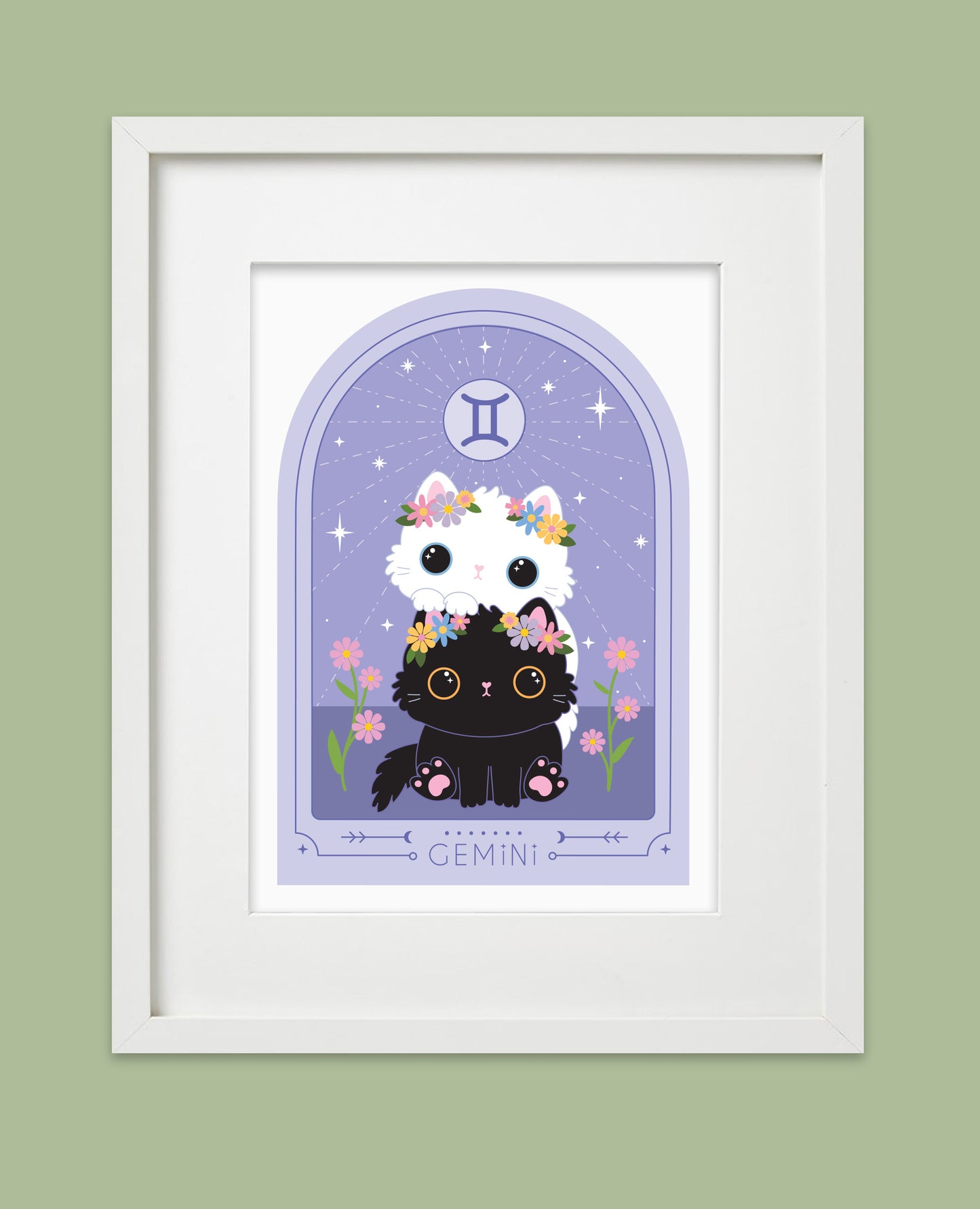 Gemini Star Sign Cat Art Print - Super cute Gemini birthday gift for cat lovers