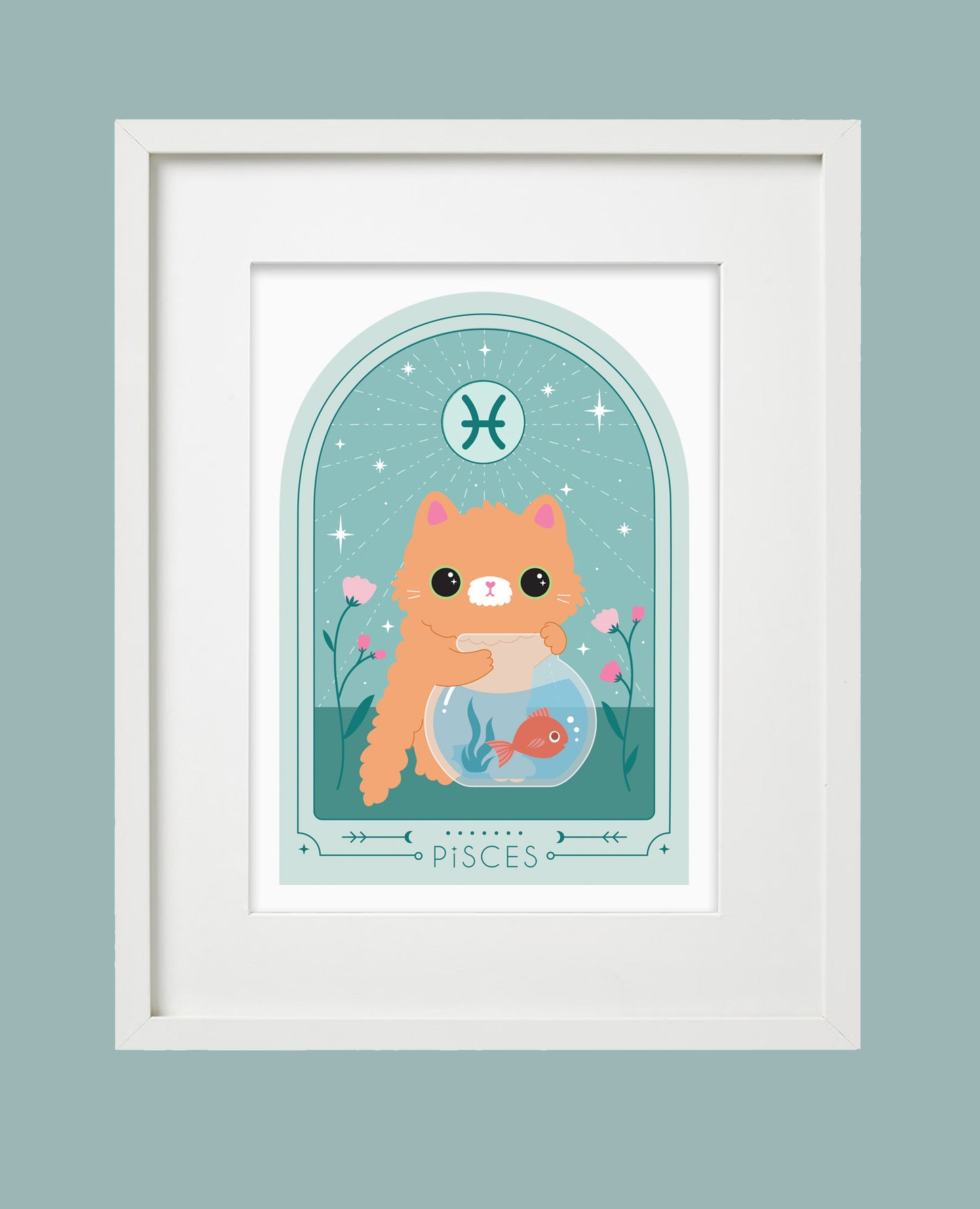Close-up of the cute and colorful Pisces cat zodiac art print, showing fine details of the kawaii cat illustration and vibrant colors