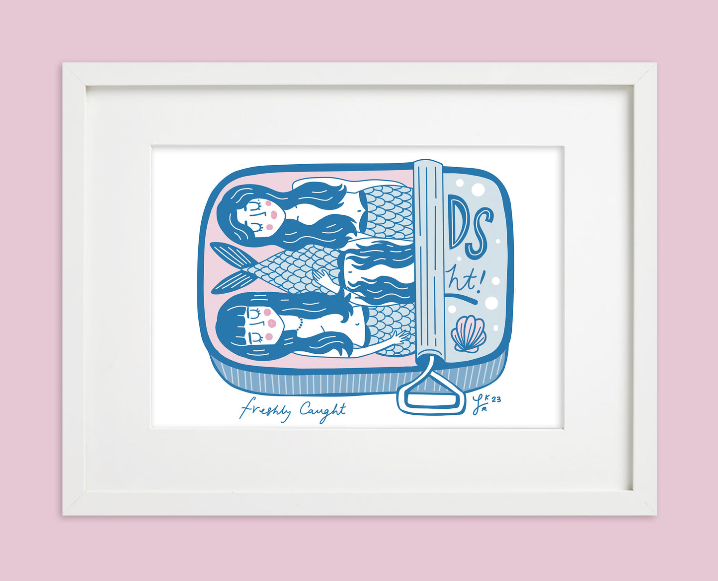 Simply framed whimsical mermaid sardine tin art print in bold blue and pink, adding a playful, eye-catching element to any room with a unique blend of quirky design and vibrant colours