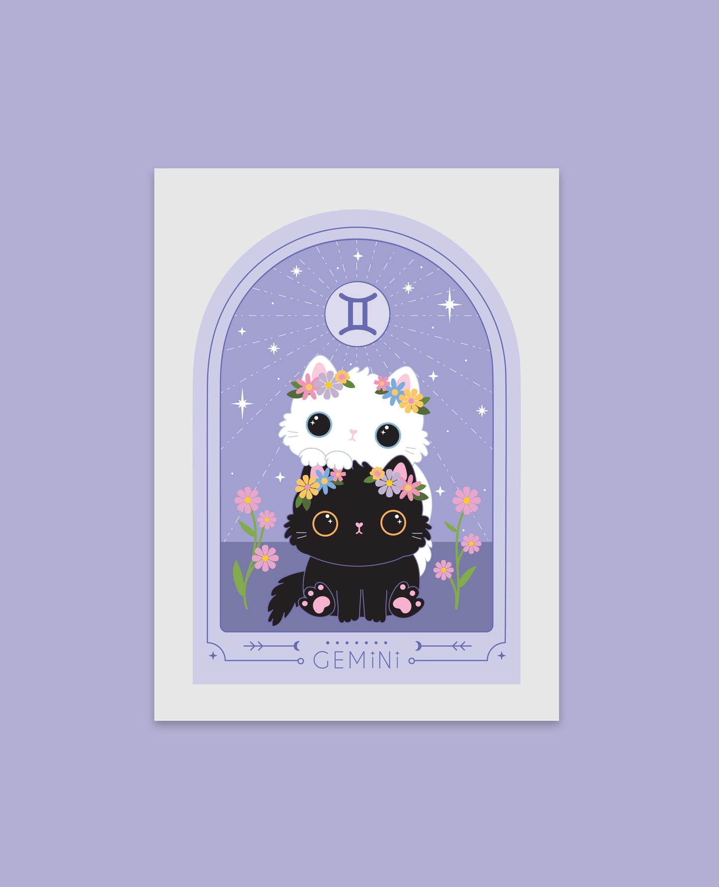 Gemini Star Sign Cat Art Print - Super cute Gemini birthday gift for cat lovers