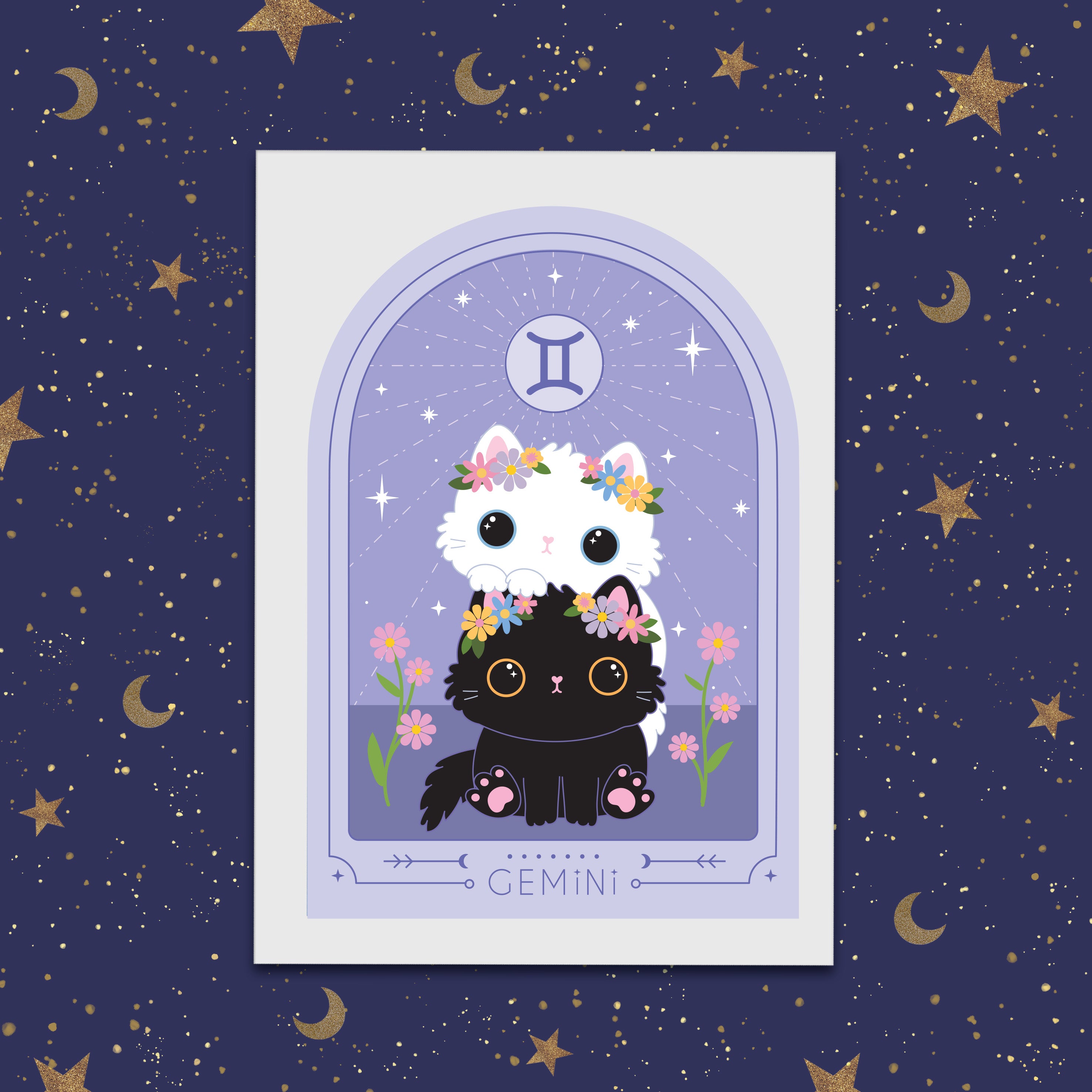 cute glowing monsters as zodiac signs Gemini Star Sign Cat Art Print