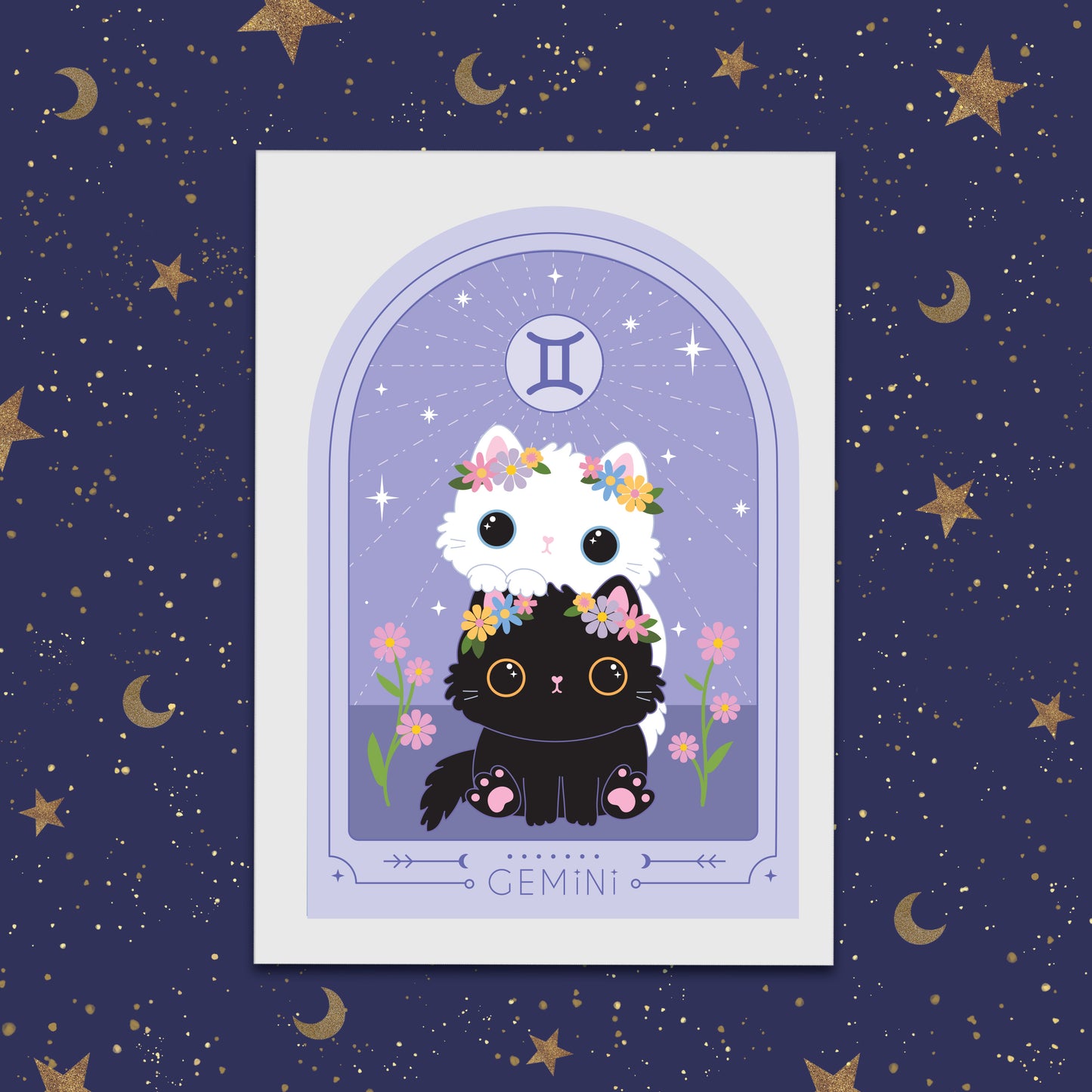 Whimsical illustration of a playful Gemini cat with two faces, each showcasing its unique charm and curiosity. A cute and colorful art print capturing the dual nature of this feline zodiac sign