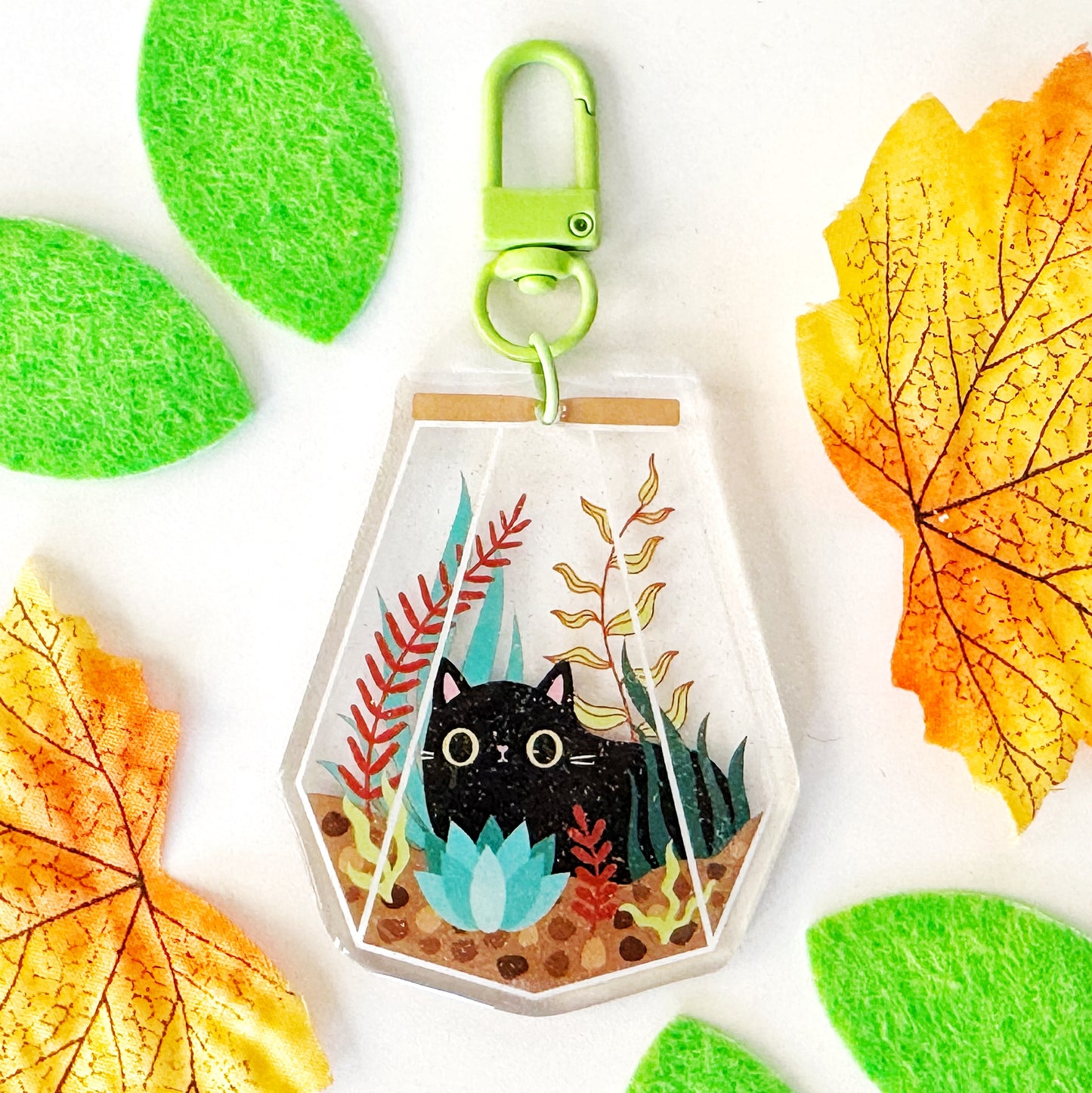 Cute Cat in a Terrarium Keyring – Kawaii Acrylic Glitter Keychain