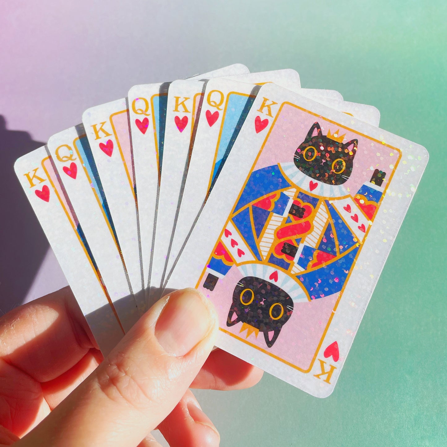 Cat King of Hearts Sparkly Holographic Vinyl Sticker – for Laptops, Water Bottles & Journals