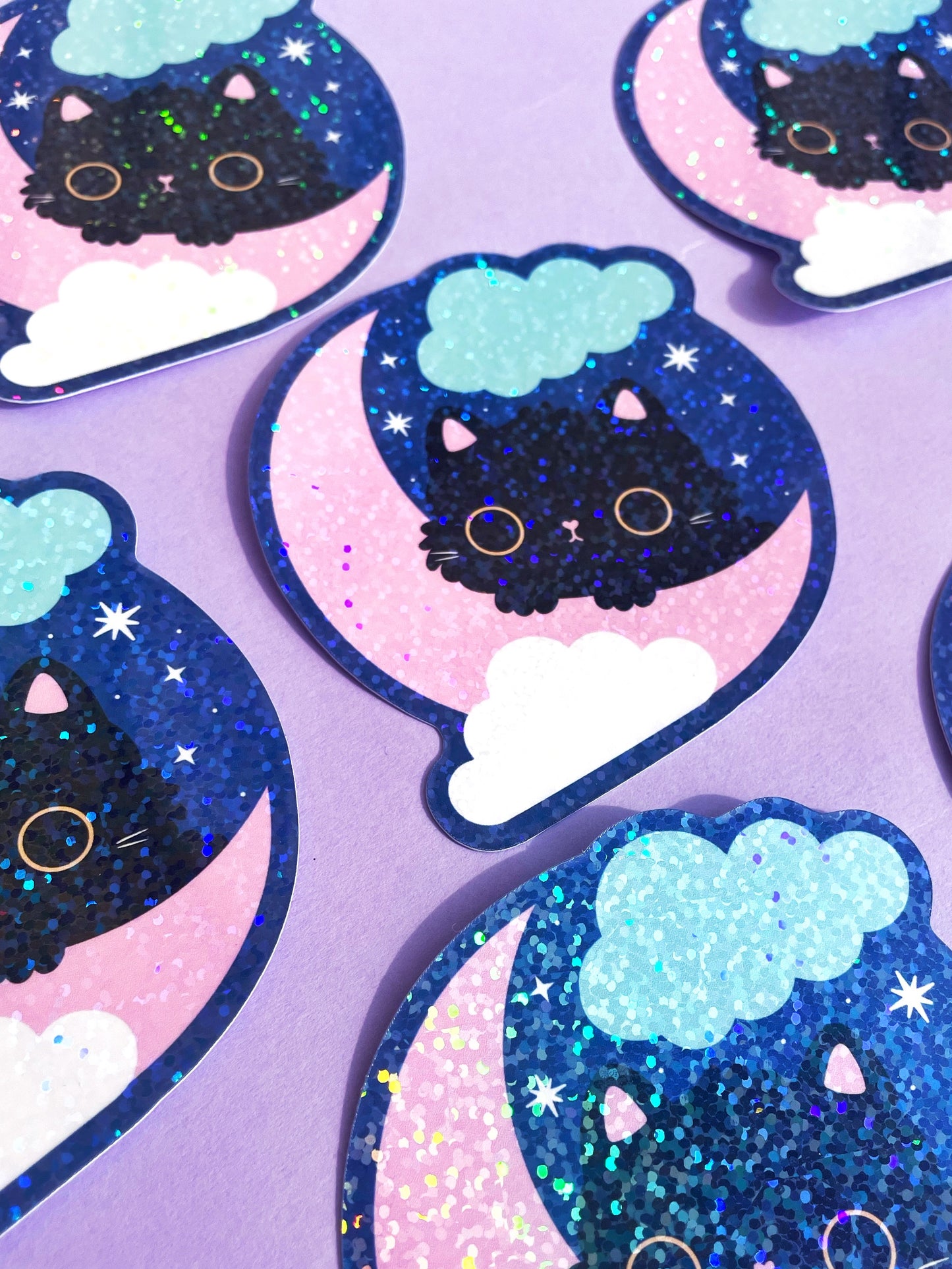 Moon Cat Holographic Vinyl Sticker – Cute Cat & Crescent Moon Design