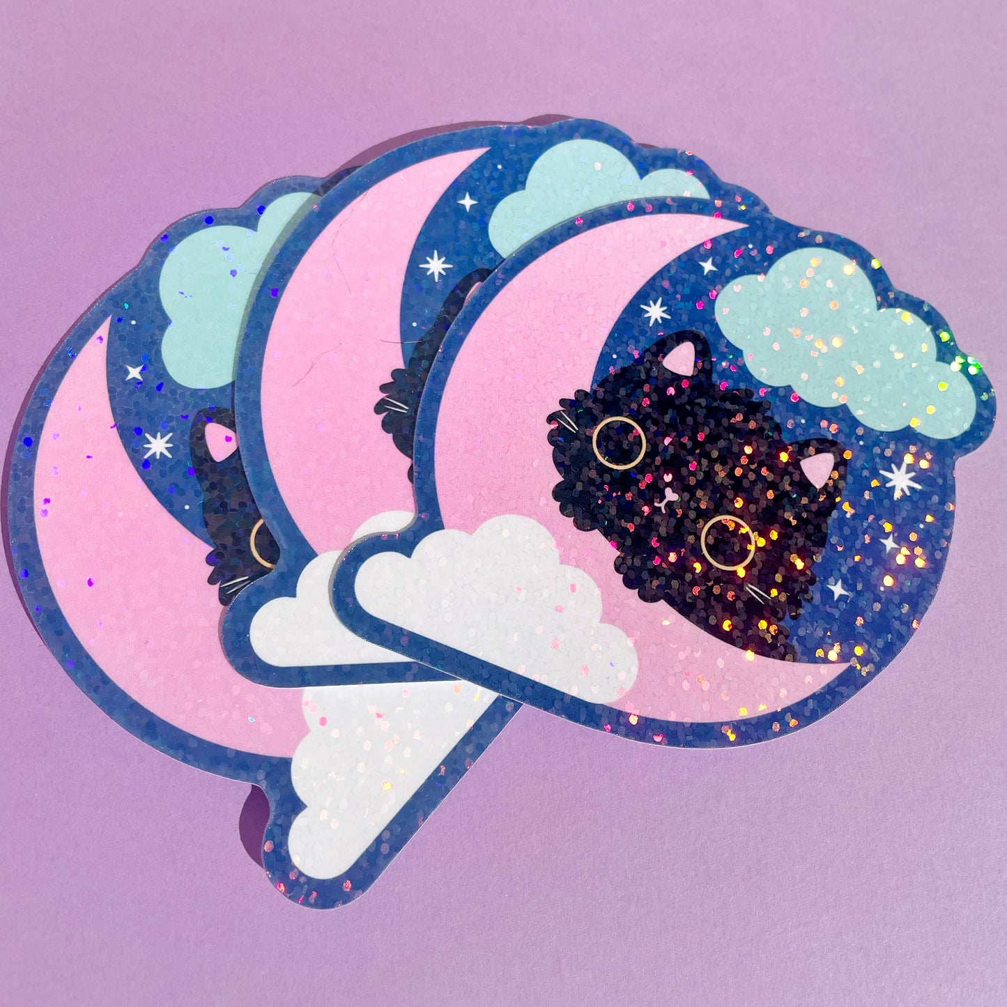 Moon Cat Holographic Vinyl Sticker – Cute Cat & Crescent Moon Design
