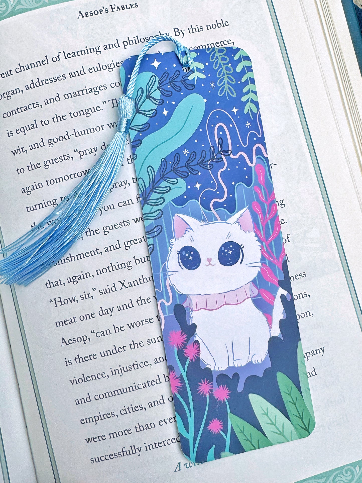 Stargazing cat Bookmark - Cute white Cat Bookmark - celestial, starry night cute bookmark