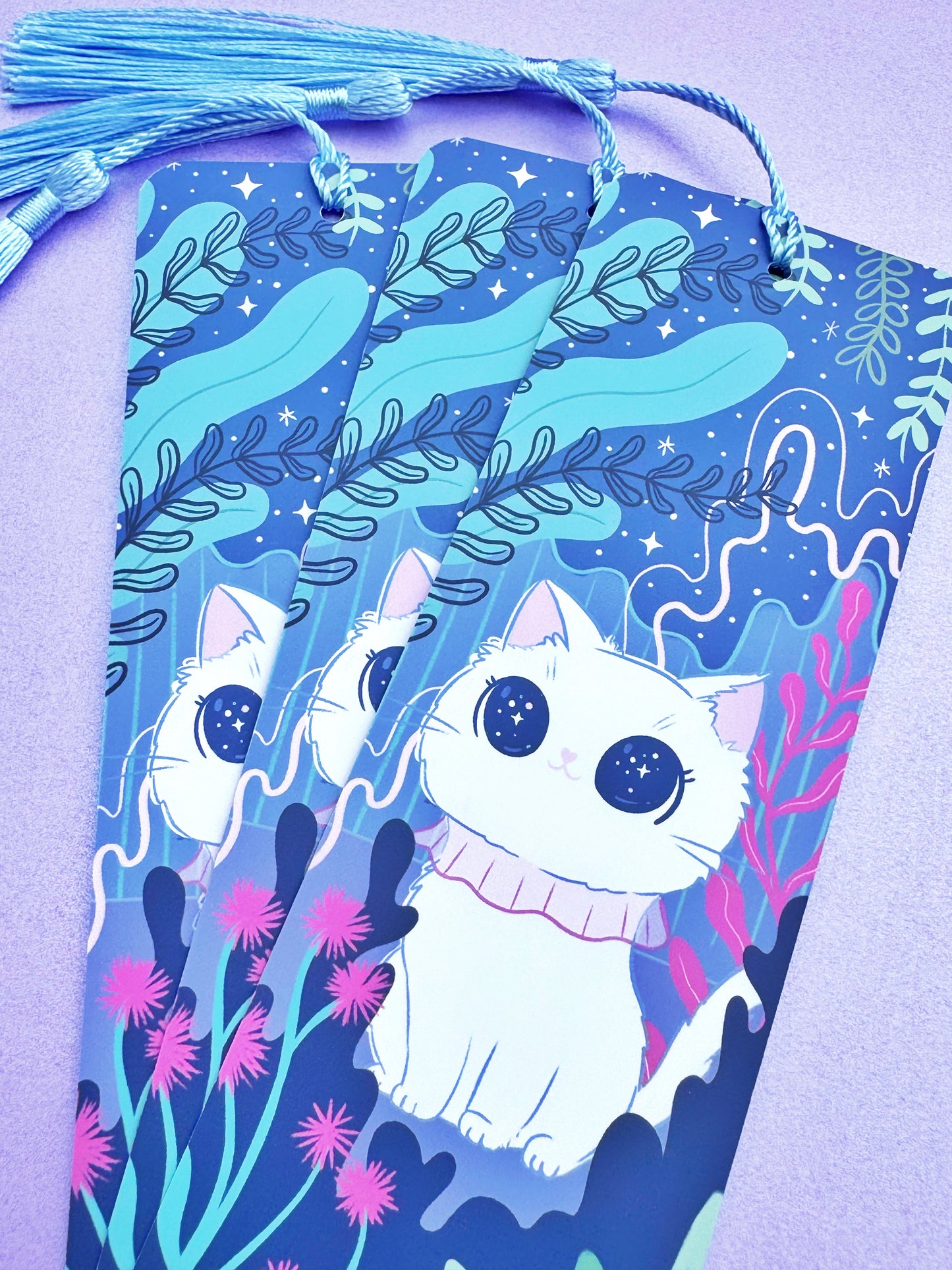 Stargazing cat Bookmark - Cute white Cat Bookmark - celestial, starry night cute bookmark