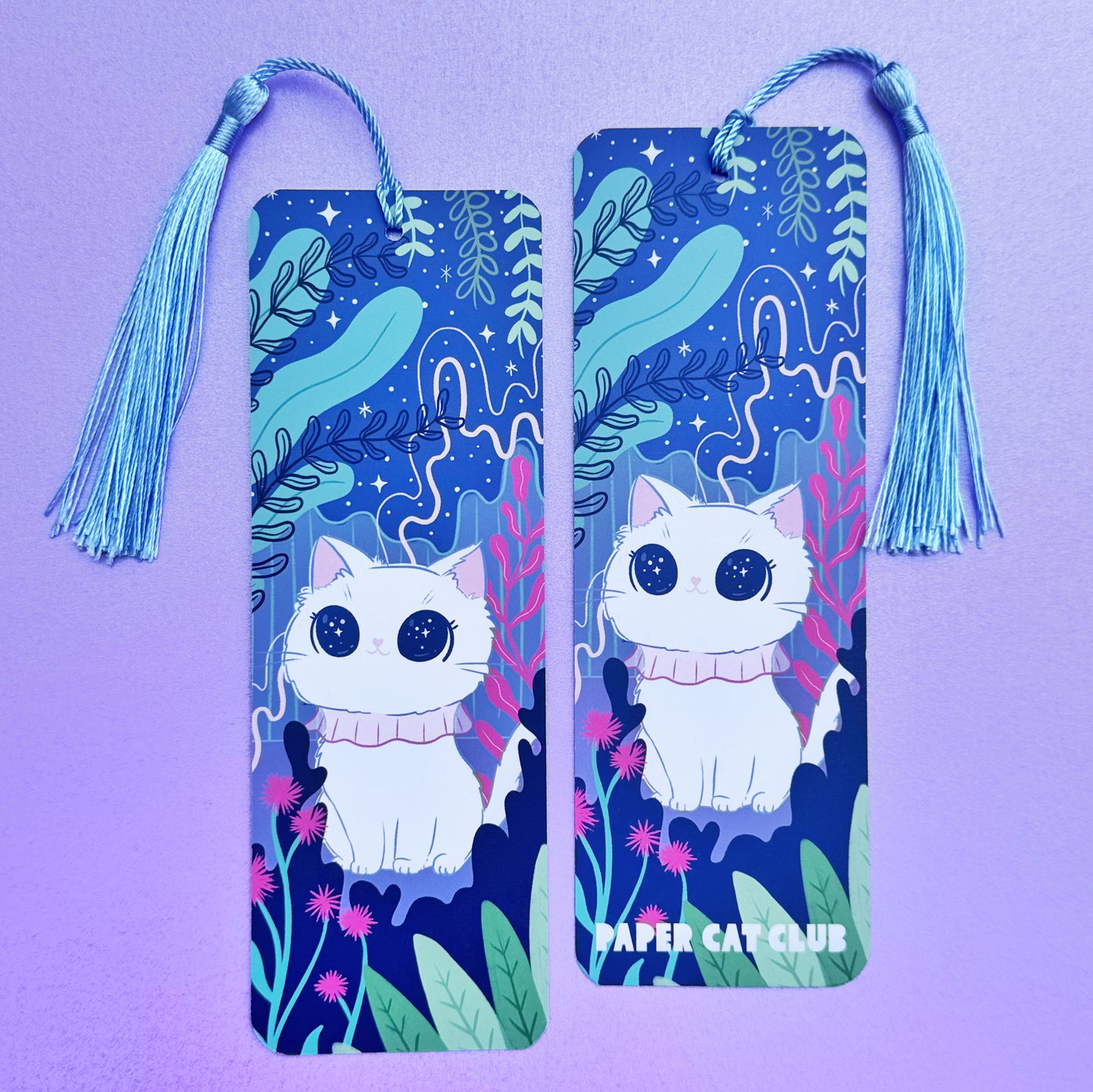 Stargazing cat Bookmark - Cute white Cat Bookmark - celestial, starry night cute bookmark