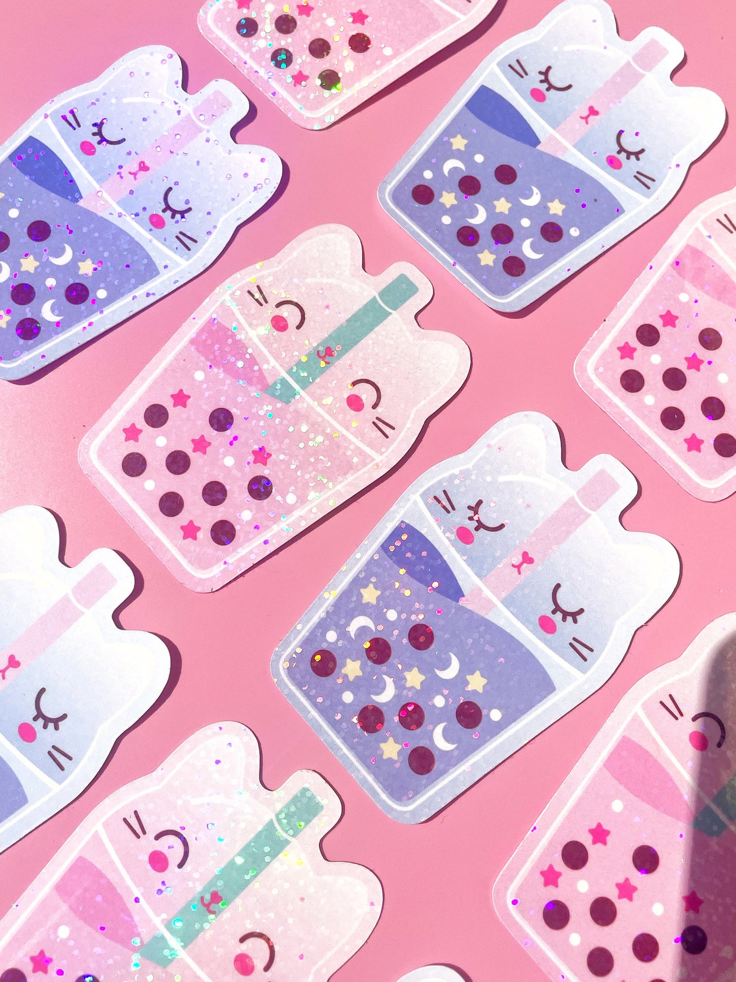 Sparkly Vinyl Bubble Tea Cat Sticker – Kawaii Journal & Water Bottle Decal
