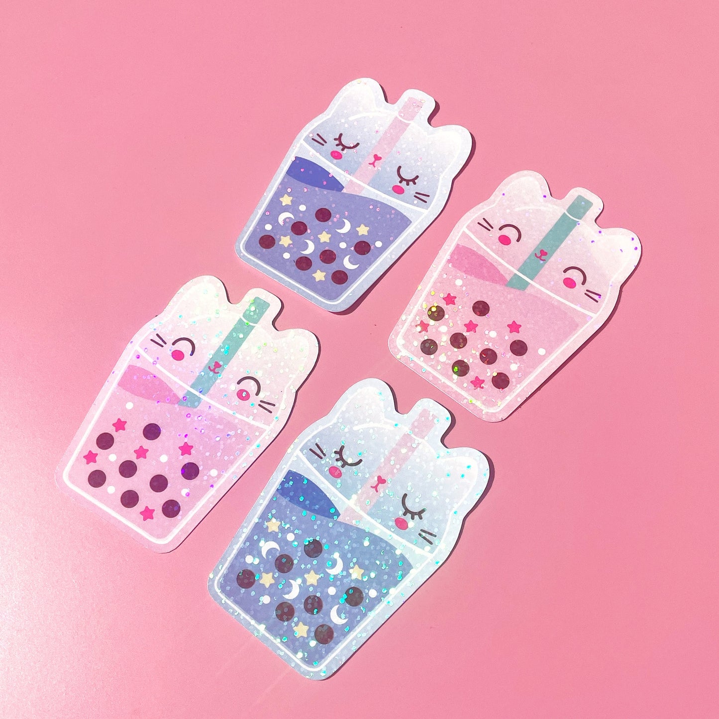 Sparkly Vinyl Bubble Tea Cat Sticker – Kawaii Journal & Water Bottle Decal