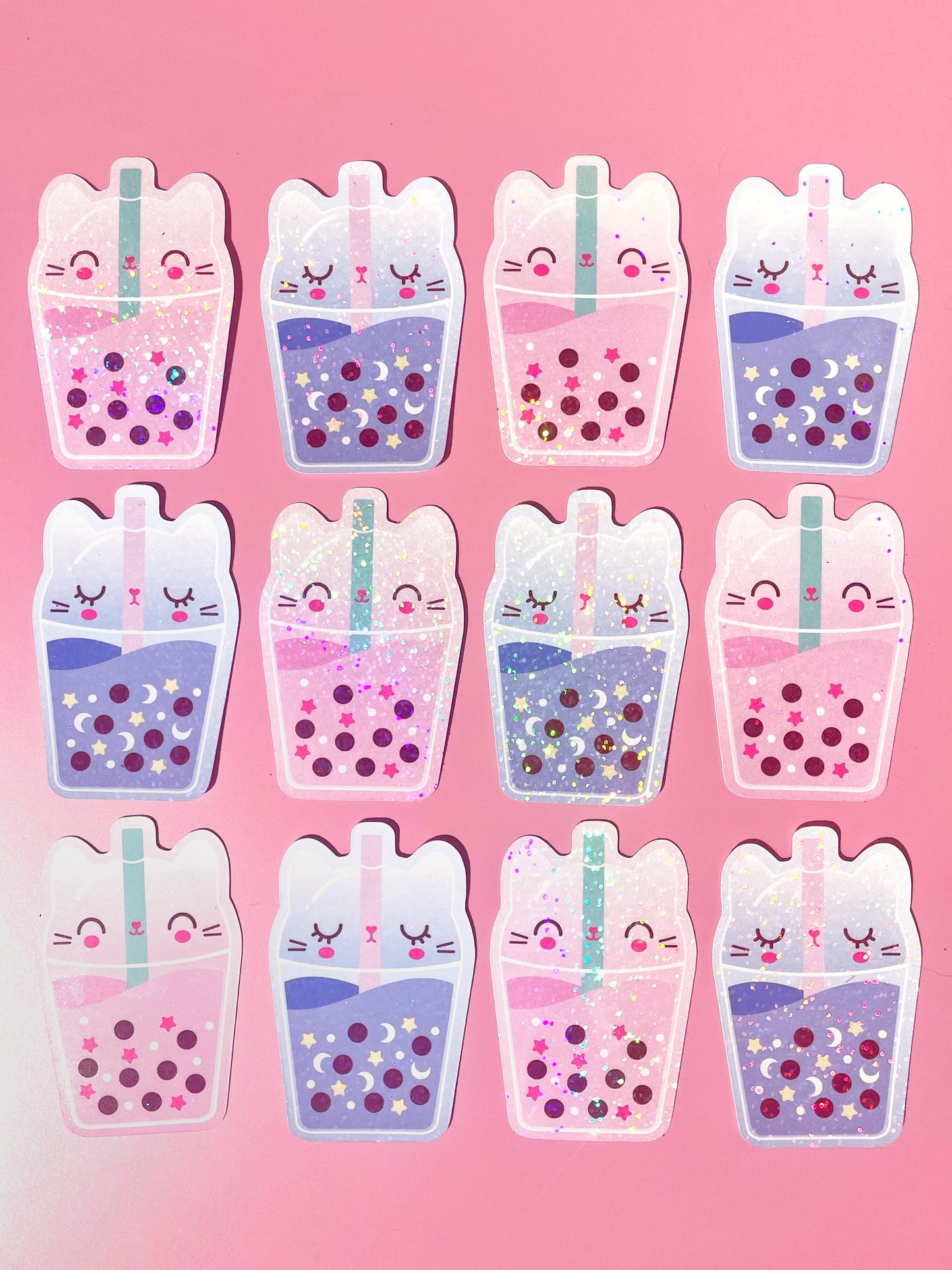 Sparkly Vinyl Bubble Tea Cat Sticker – Kawaii Journal & Water Bottle Decal