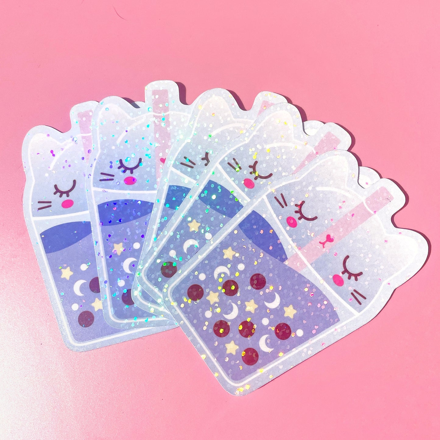 Sparkly Vinyl Bubble Tea Cat Sticker – Kawaii Journal & Water Bottle Decal
