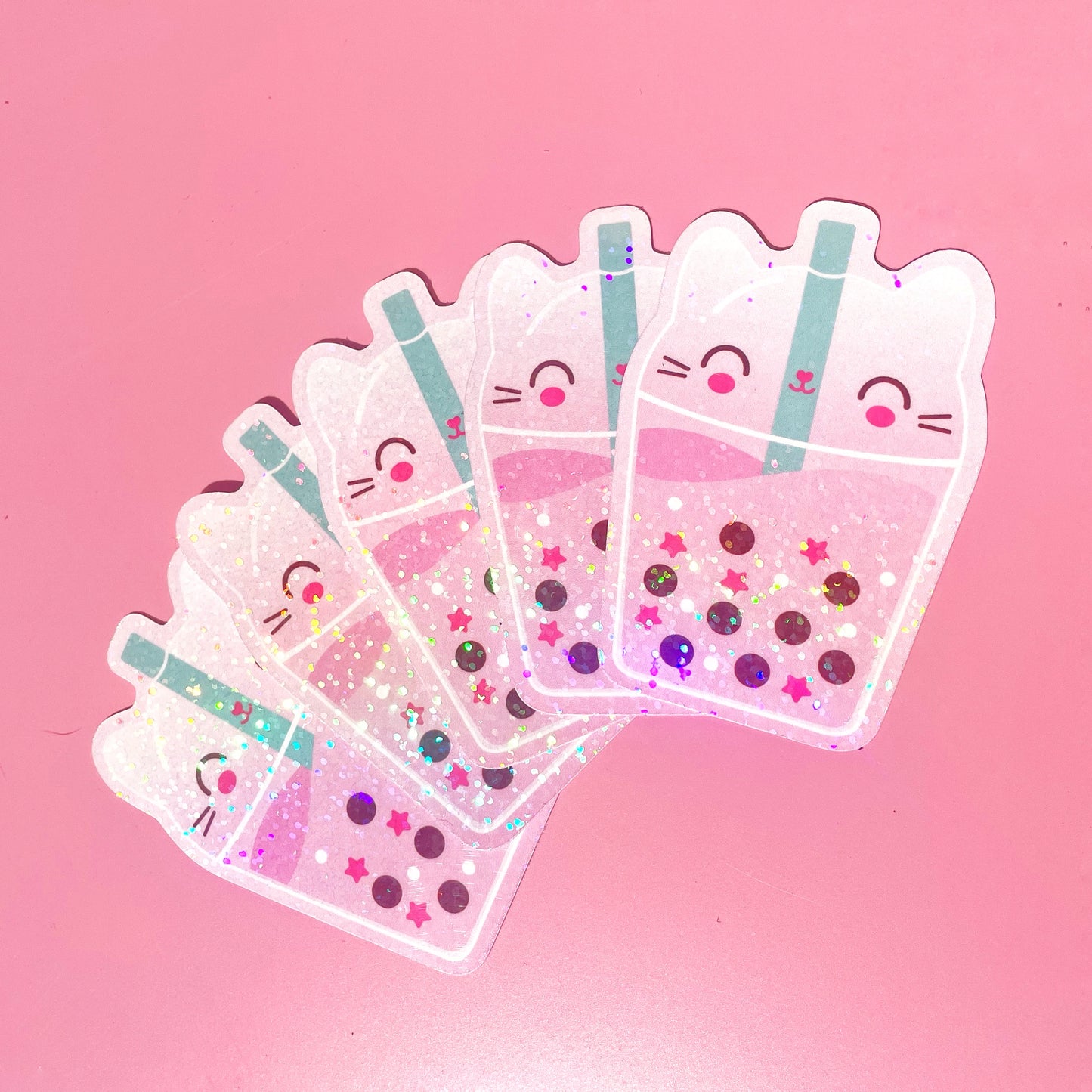 Sparkly Vinyl Bubble Tea Cat Sticker – Kawaii Journal & Water Bottle Decal