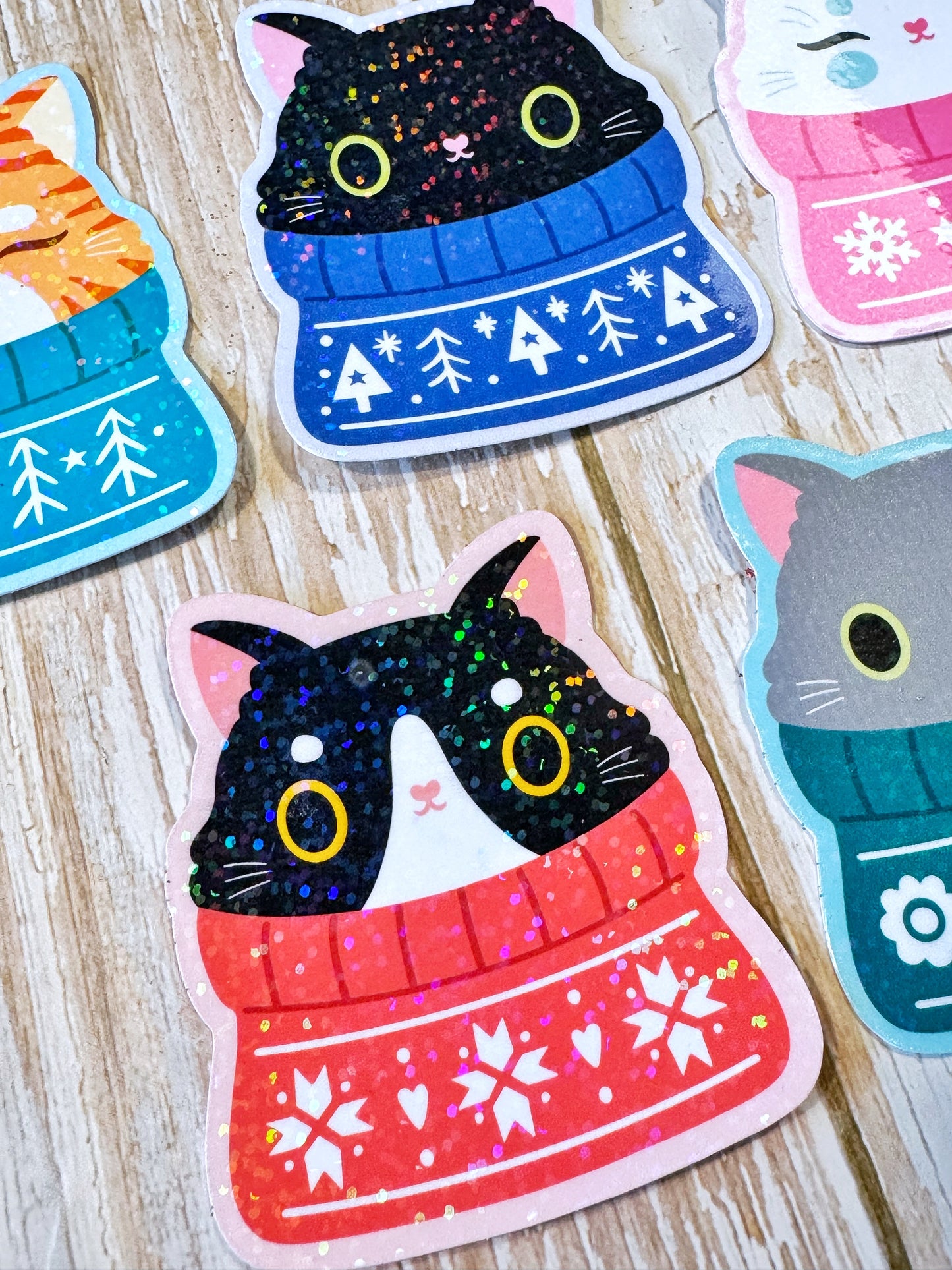 Cozy Cats Christmas Stickers – Sparkly Vinyl Cat Stickers for Planners & Journals