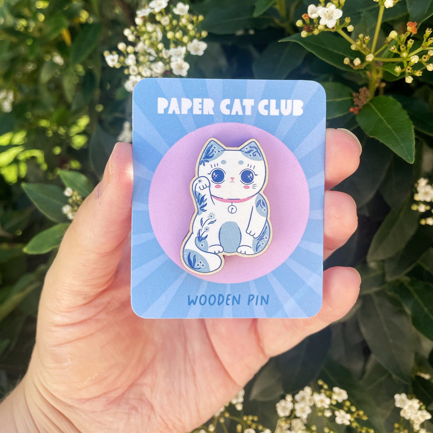 Wooden Lucky Cat Pin Badge - Cute Kawaii Pin for Good Luck
