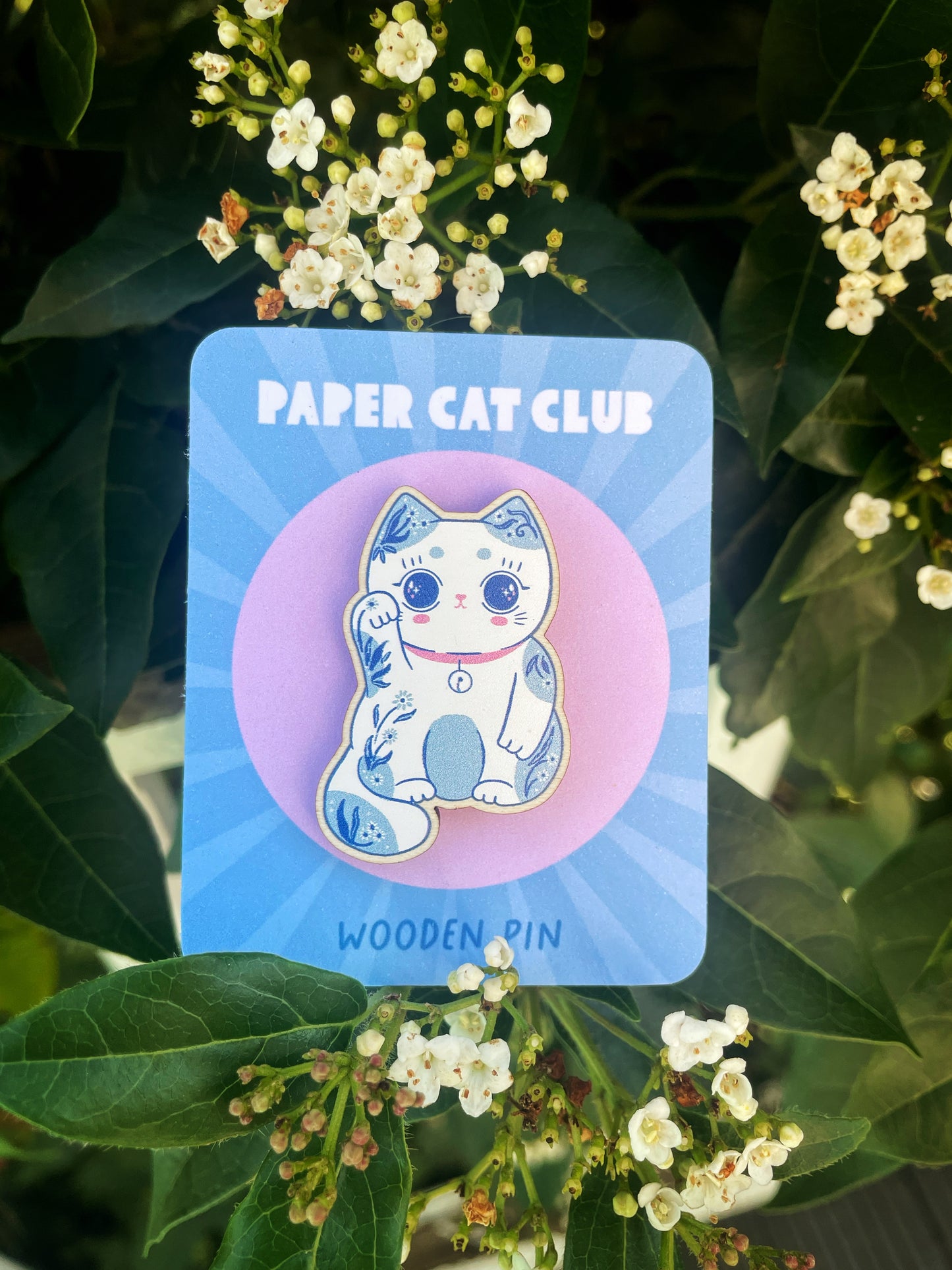 Wooden Lucky Cat Pin Badge - Cute Kawaii Pin for Good Luck