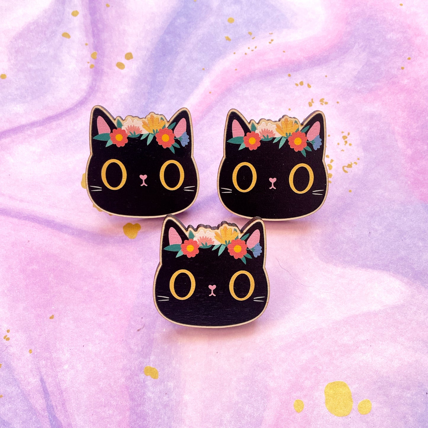 Black Cat Pin Badge – Floral Crown, Sustainable Wood, Cute Cat Lover Gift
