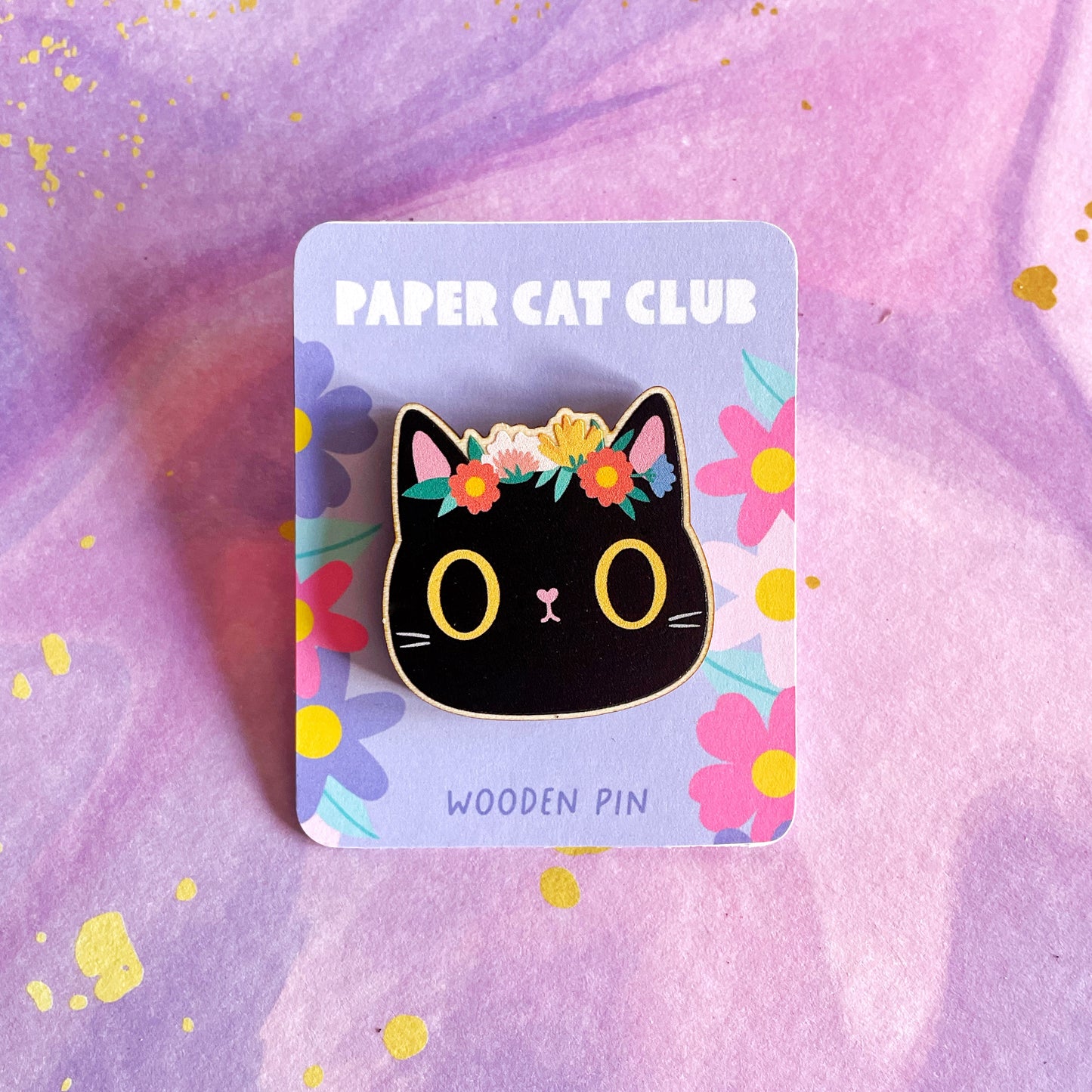 Black Cat Pin Badge – Floral Crown, Sustainable Wood, Cute Cat Lover Gift