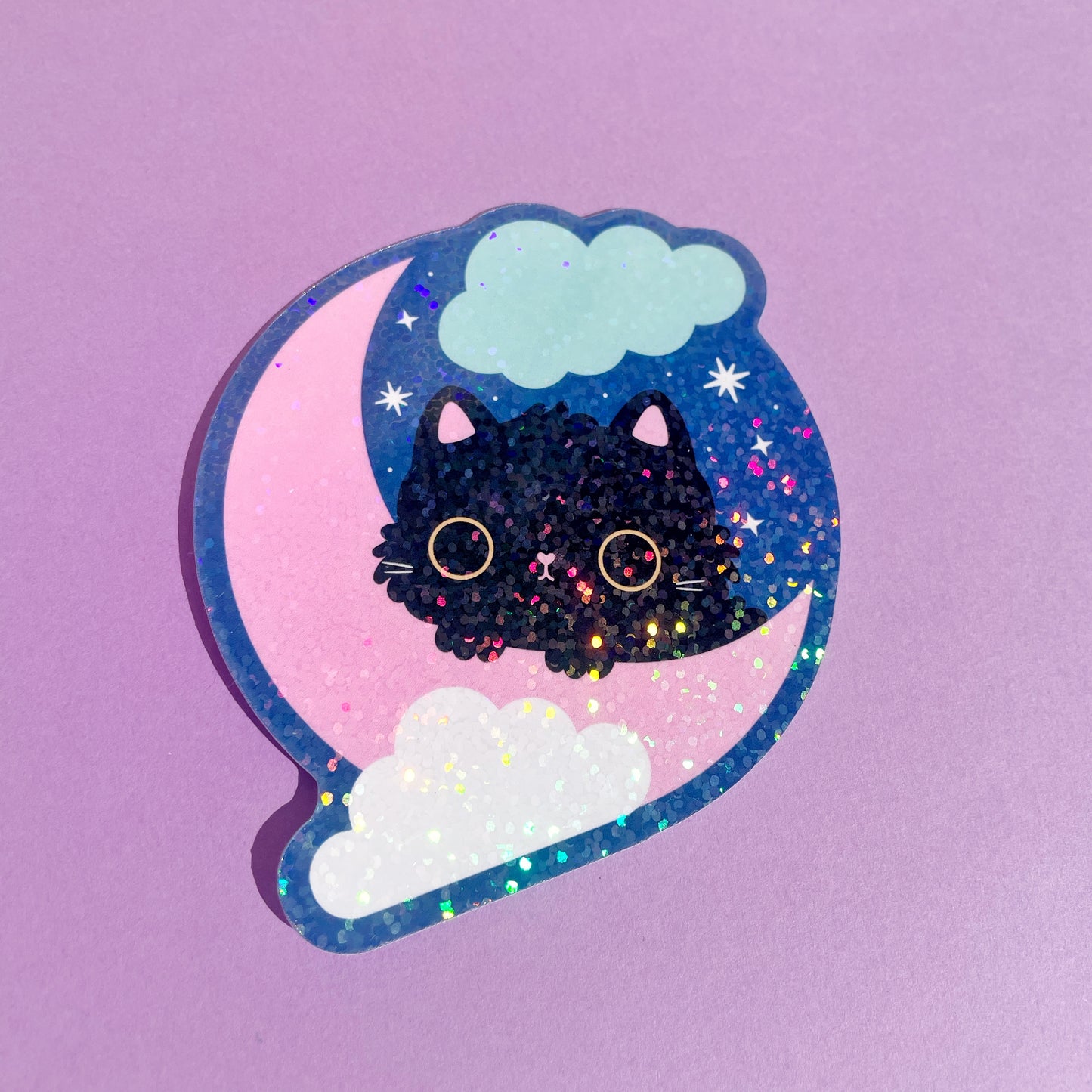 Holographic Moon Cat vinyl sticker with a cute cat and crescent moon design, perfect for decorating laptops, water bottles, and journals.