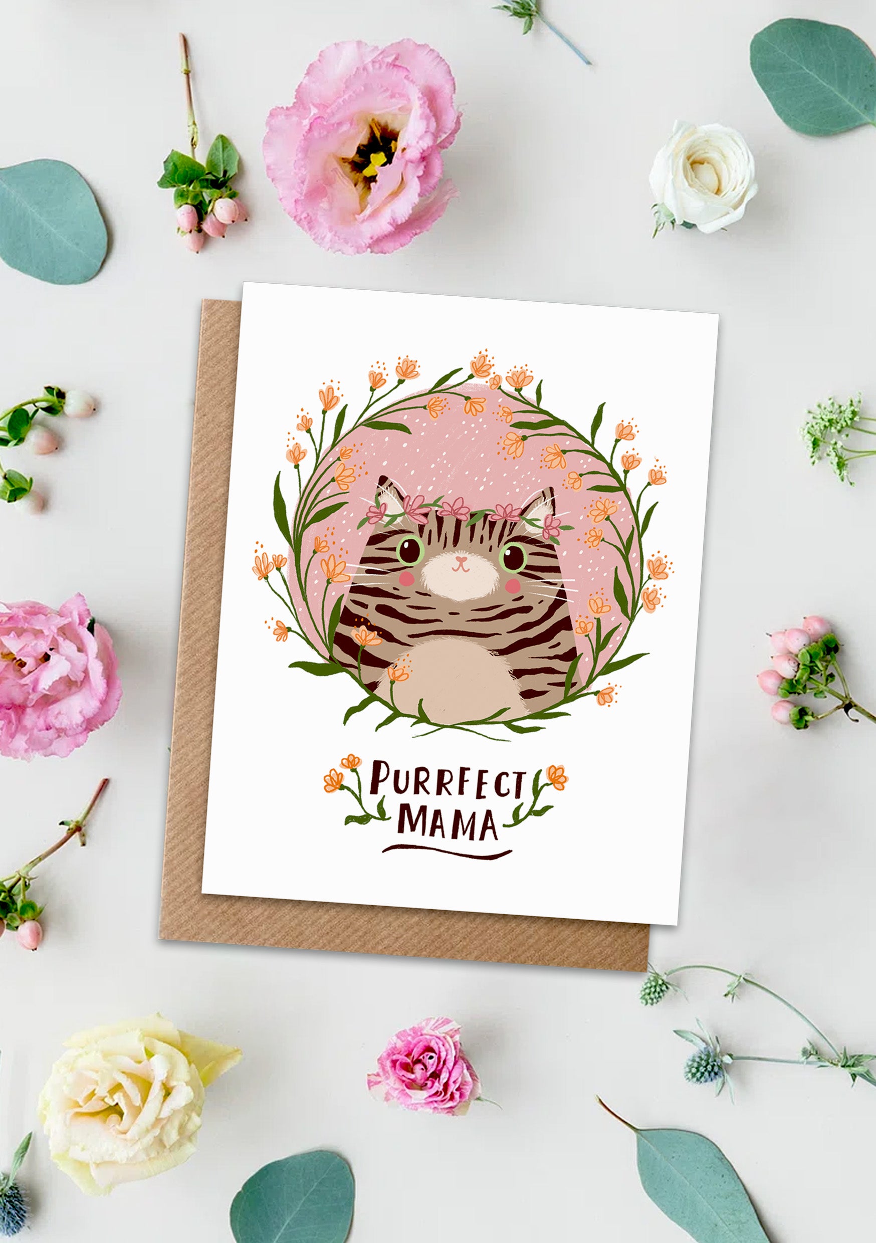 Mother's Day card with 'Purrfect Mama' surrounded by flowers in a lifestyle shot